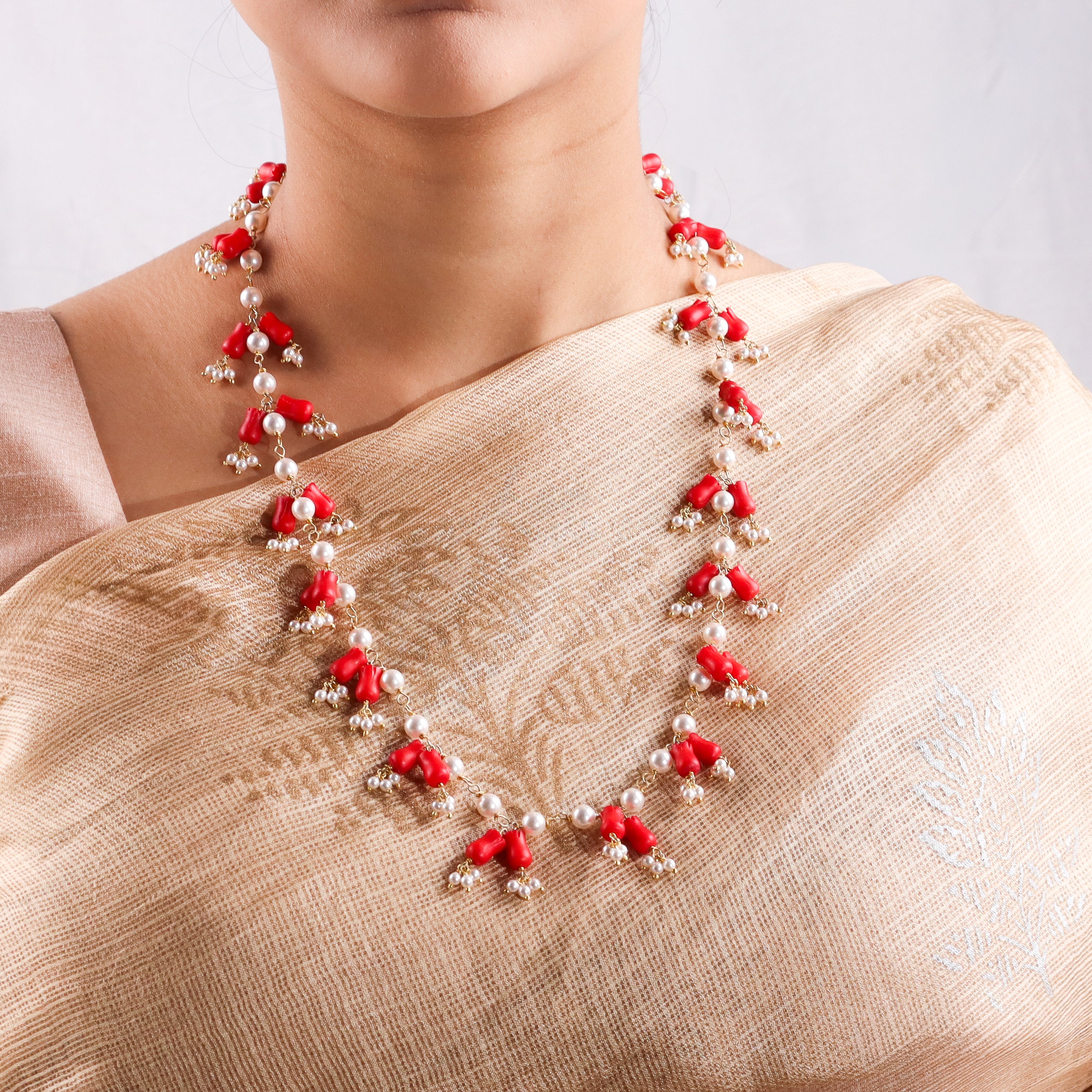 Luxe Necklace - Coral and Pearls | 92.5 Silver | 22k Gold Plated
