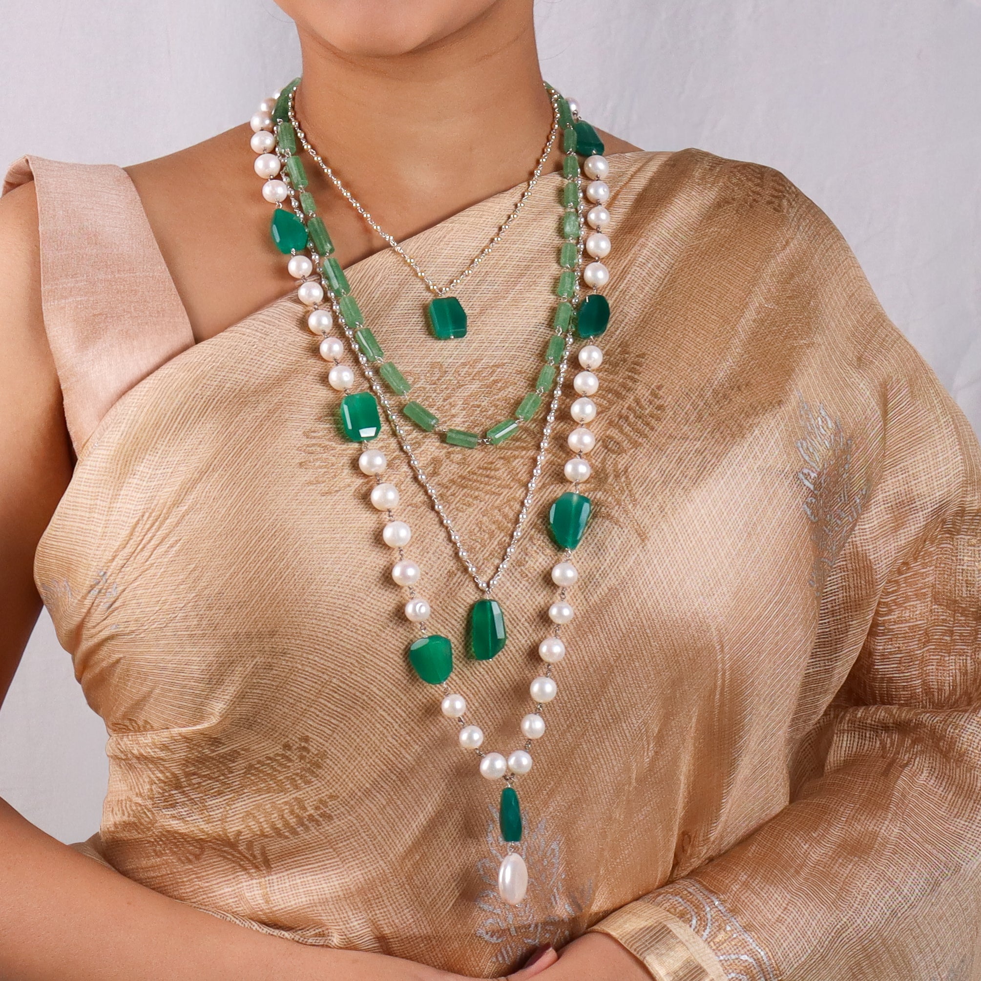 Luxe Necklace - Russian Emrald Stone, Green Onyx & Fresh Water Pearls