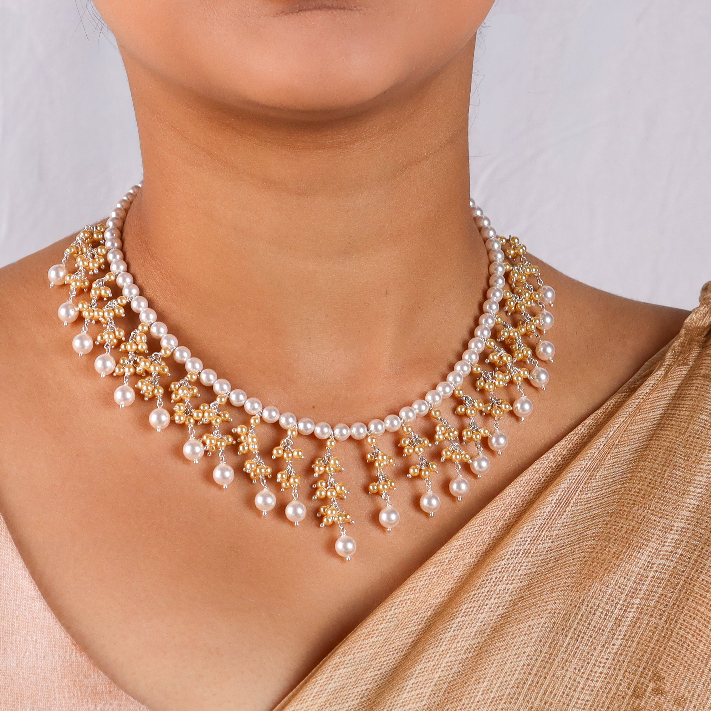 Luxe Necklace - Golden & White Pearl Bunch