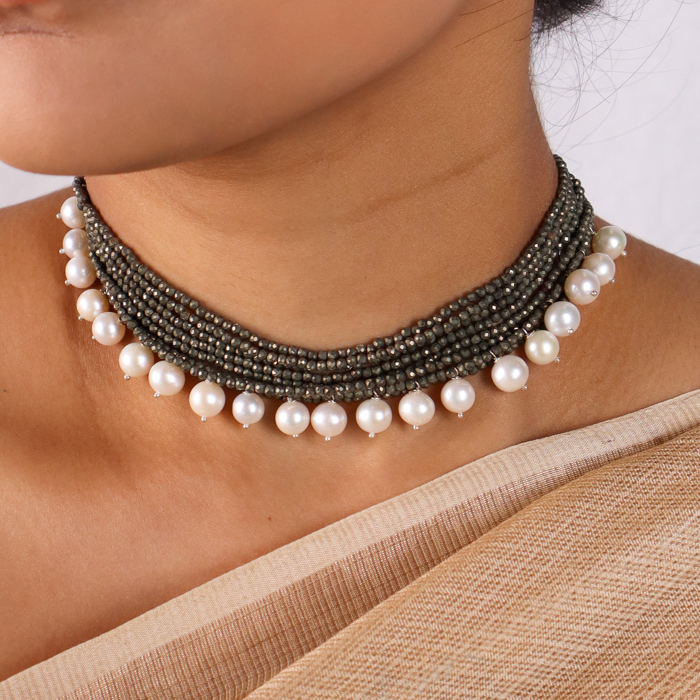 Luxe Choker - Pyrite and Fresh Water Pearls