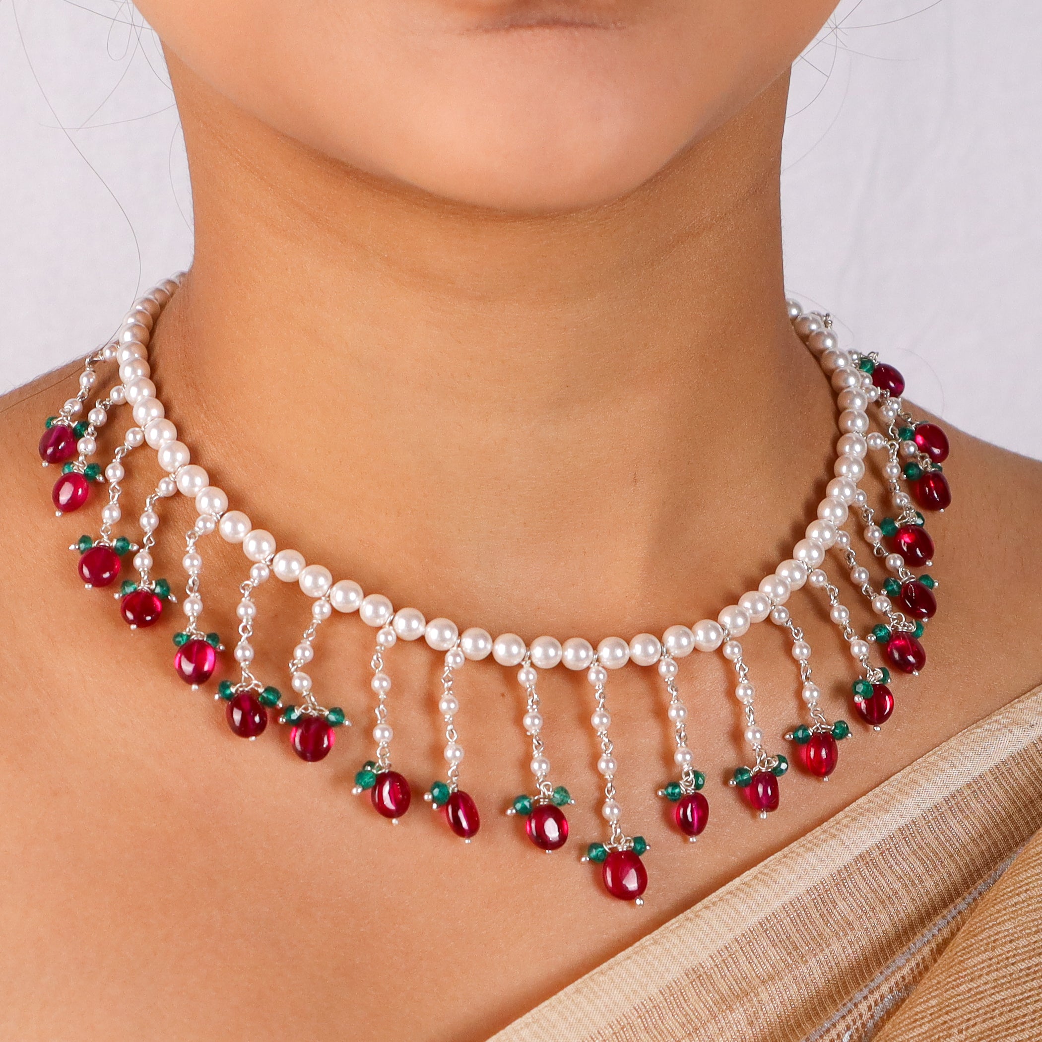 Luxe Necklace - Pearls, Ruby & Green Onyx