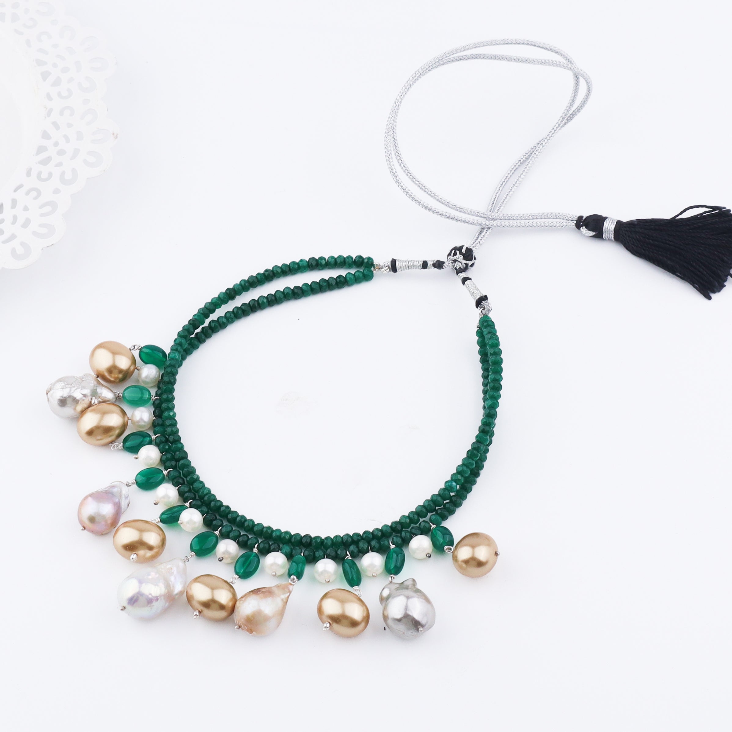 Luxe Necklace-Green onyx, fresh water Pearls and Baroque Pearls