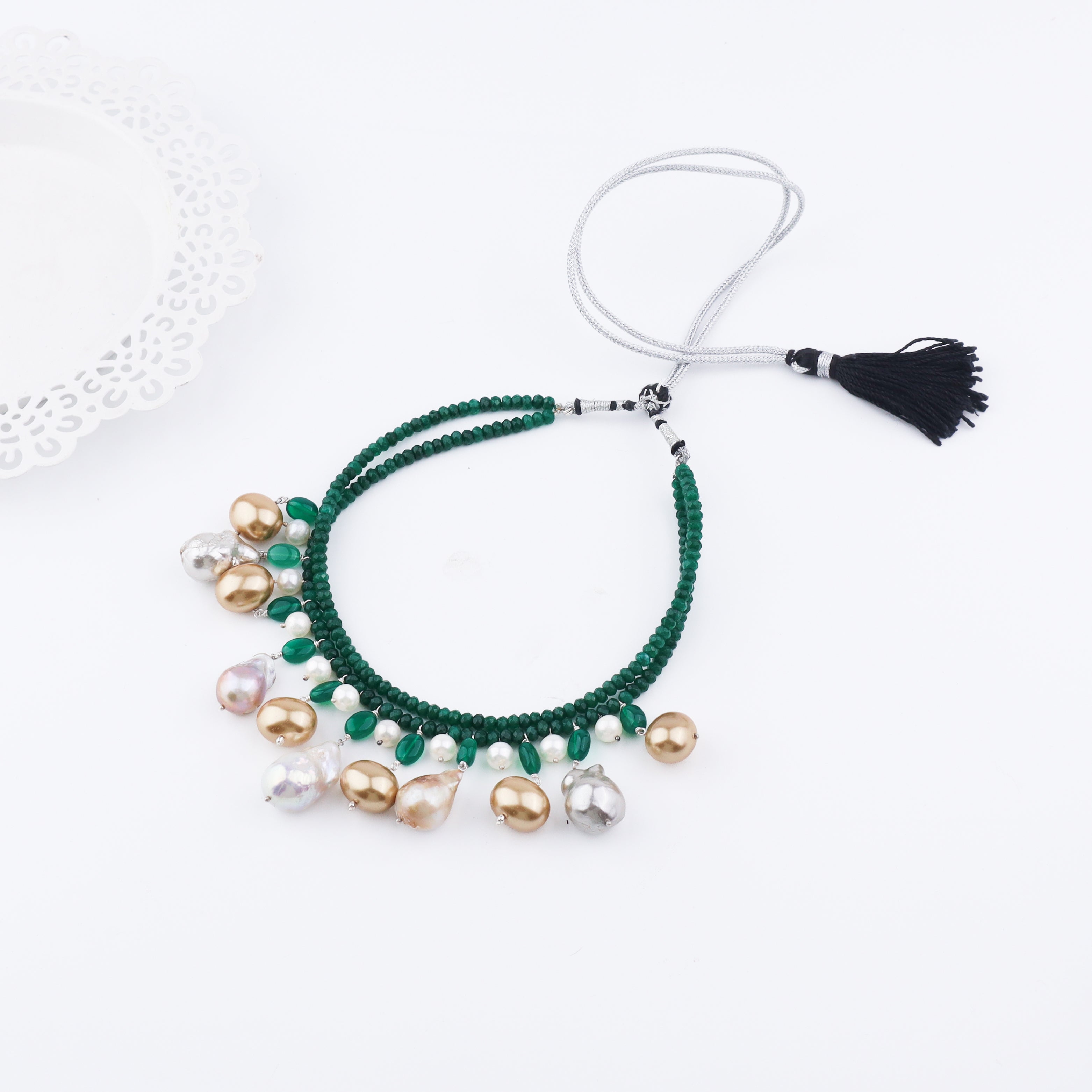 Luxe Necklace-Green onyx, fresh water Pearls and Baroque Pearls