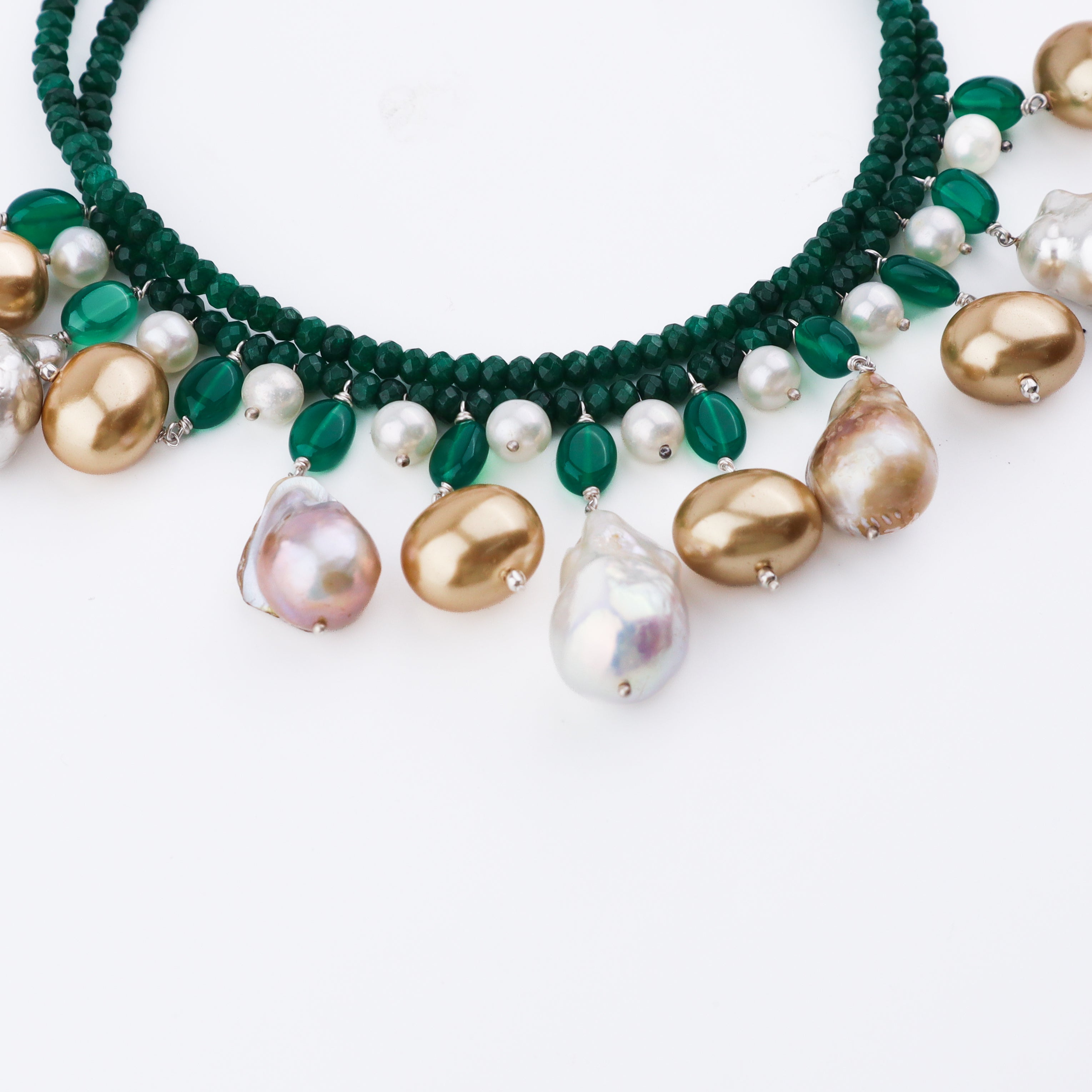 Luxe Necklace-Green onyx, fresh water Pearls and Baroque Pearls
