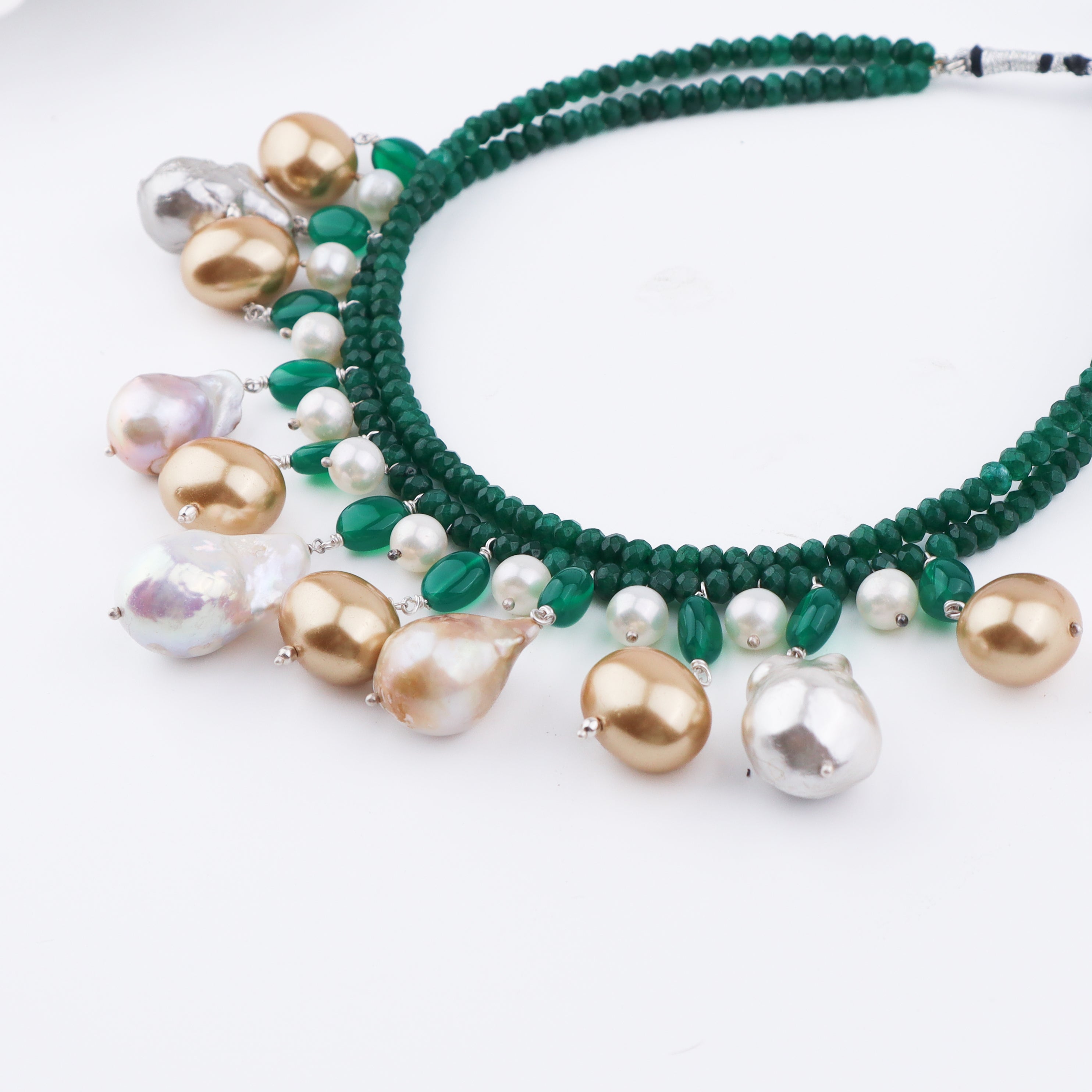 Luxe Necklace-Green onyx, fresh water Pearls and Baroque Pearls