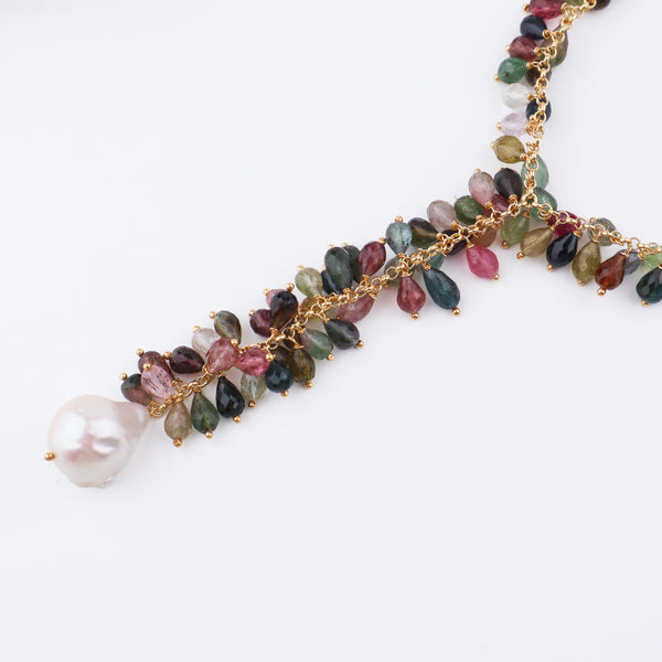 Gold chain necklace with multicolor tourmaline and pearl pendant