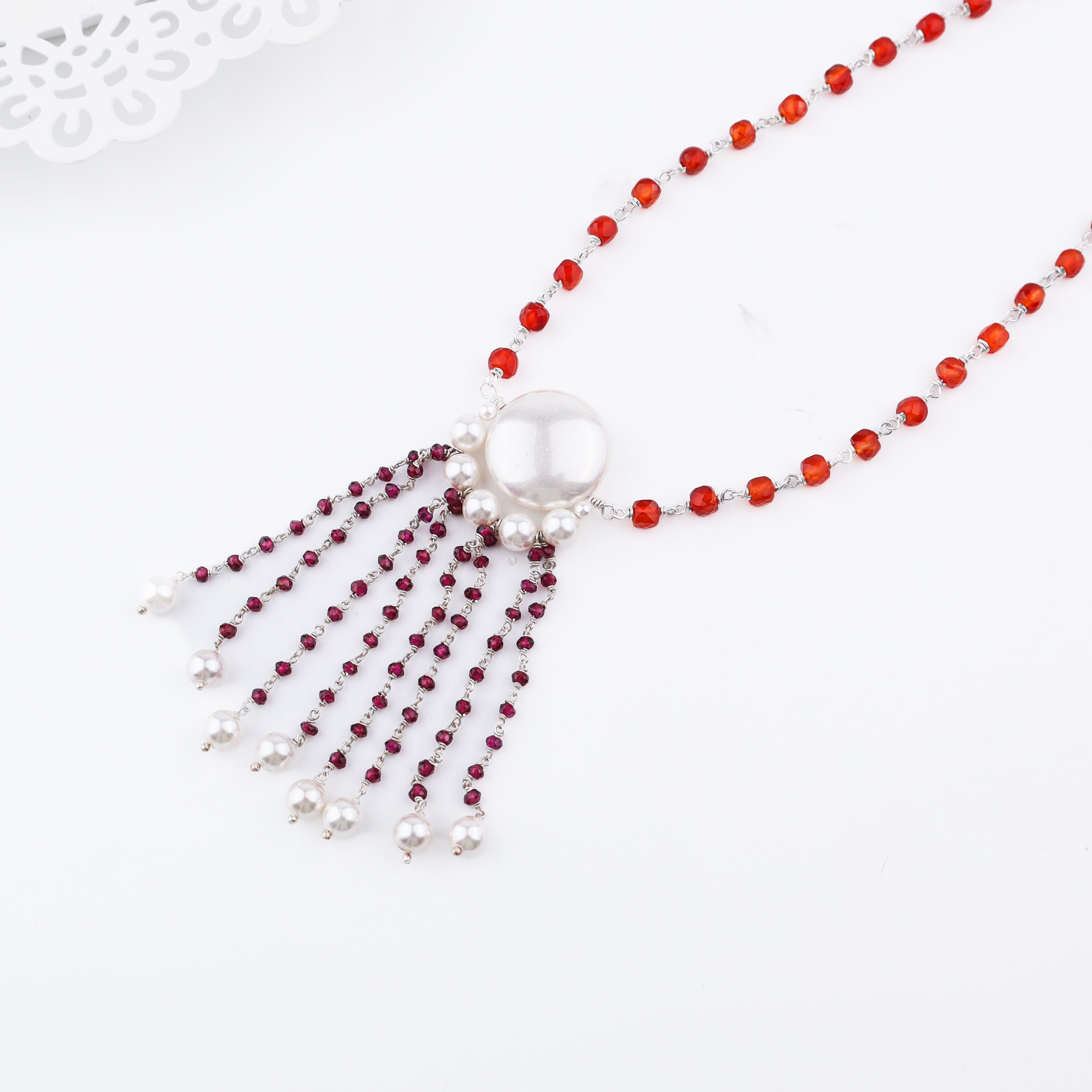 Luxe Necklace - Carnelian, Rhodonite & Pearls