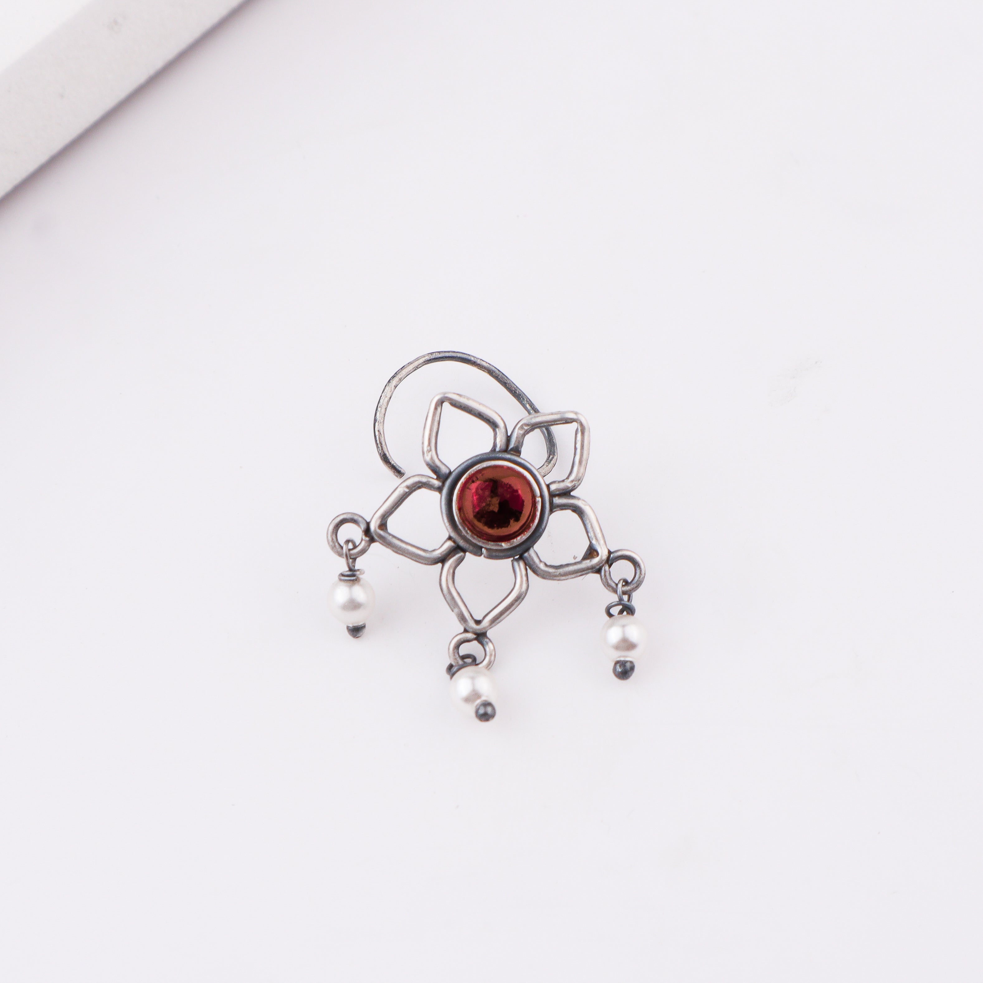 Oxidised Pink Flower Pierced Nose Pin (Large)