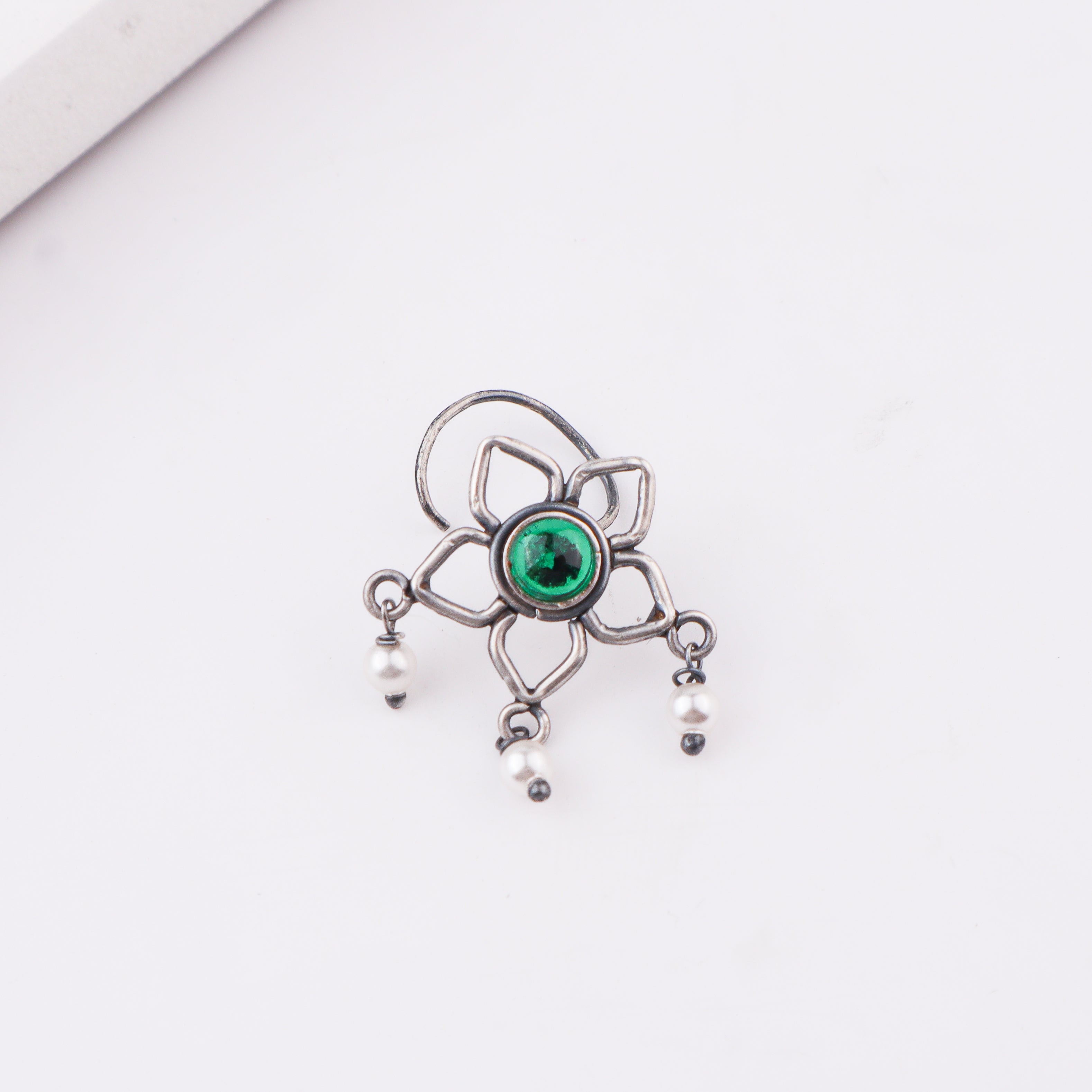 Oxidised Green Flower Pierced Nose Pin (Large)