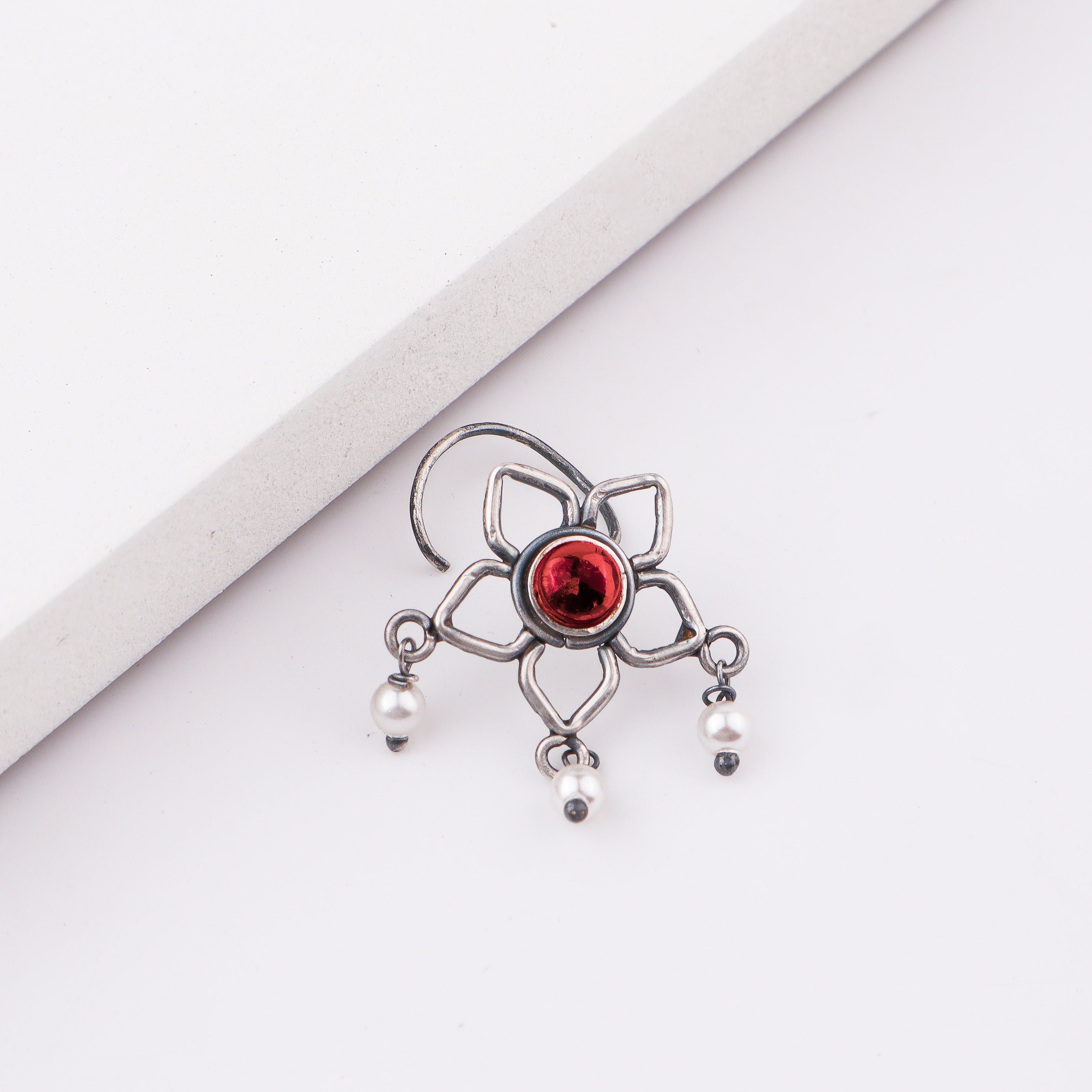 Oxidised Pink Flower Pierced Nose Pin (Large)