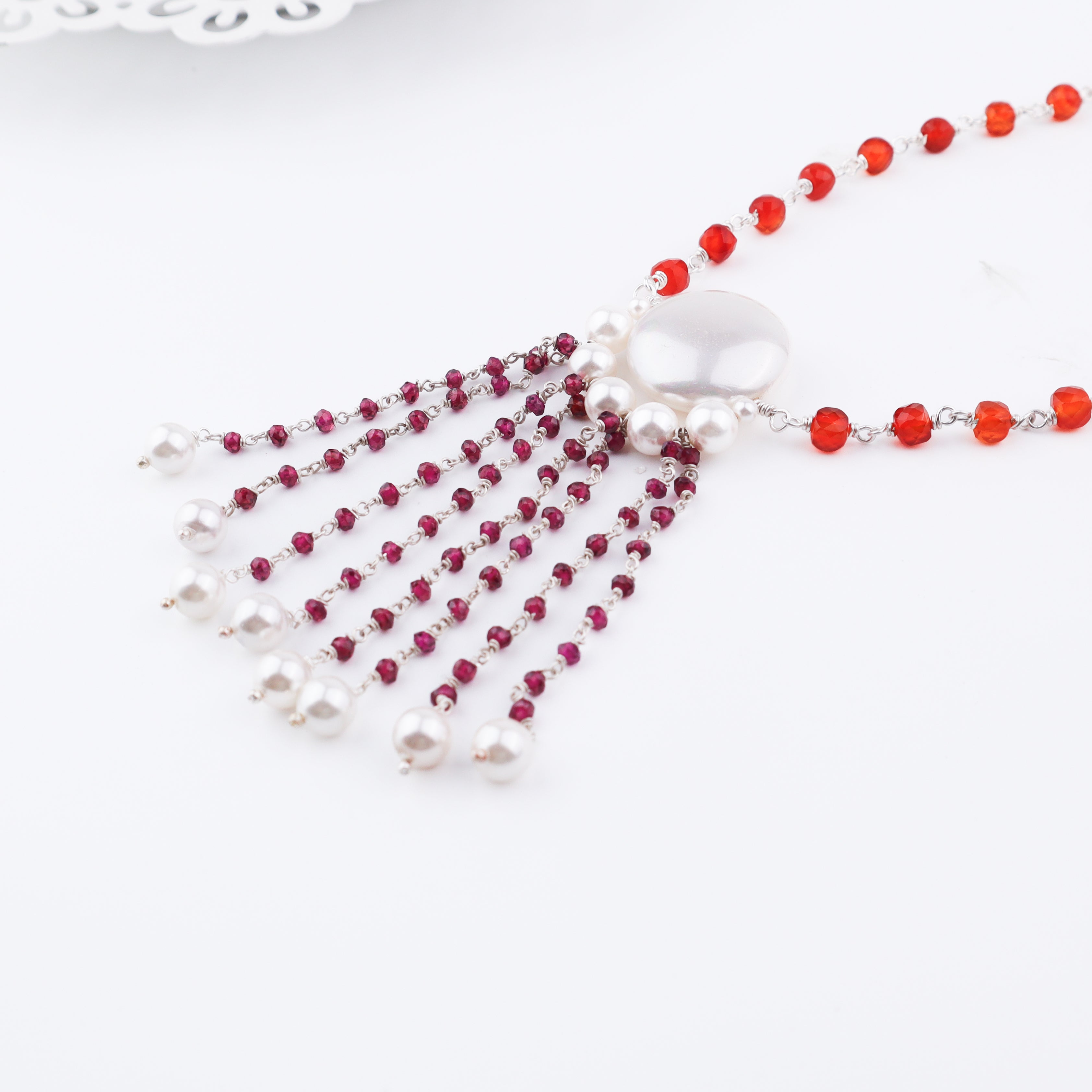 Luxe Necklace - Carnelian, Rhodonite & Pearls