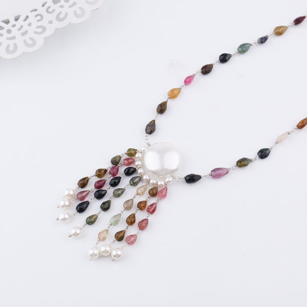 Colorful tourmaline and Swarovski pearl necklace with large central pearl pendant