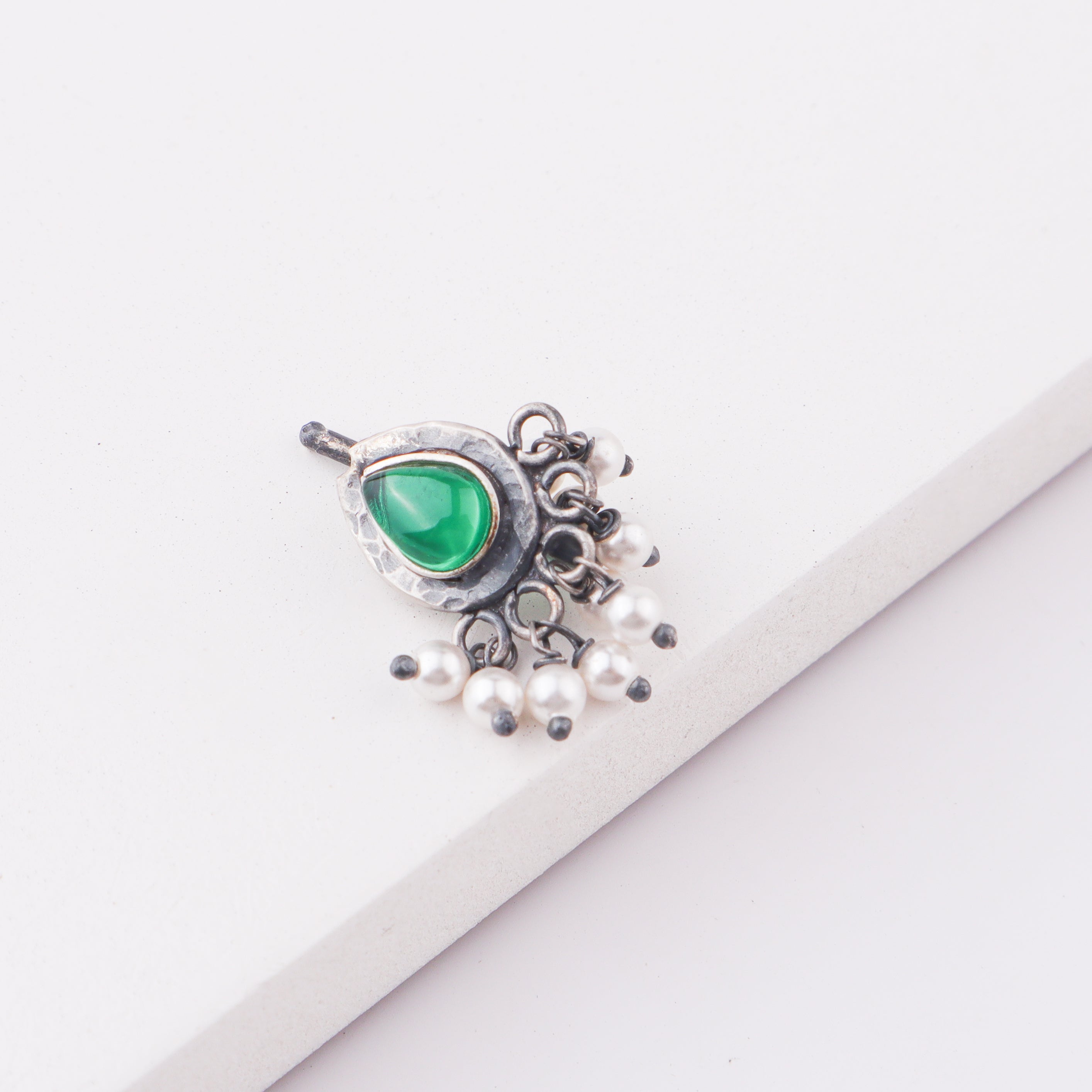 Oxidised Green Drop Clip-On Nose Pin (Large)