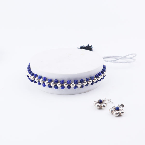 Model wearing Silver Bead Thushi Set with Lapis Lazuli