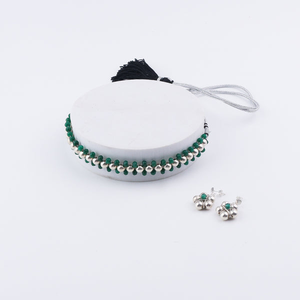 Silver Bead Thushi Set with Green Onyx