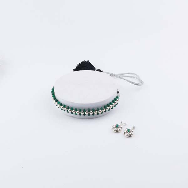 Silver Bead Thushi jewelry set with green onyx beads