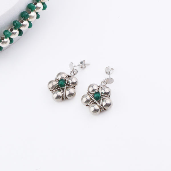 Silver Bead Thushi Set with Green Onyx earrings