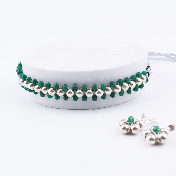 Silver Bead Thushi Set with Green Onyx on display