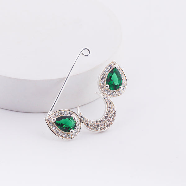 Silver chandrakor green drop nath with cz stones Clipon (big)