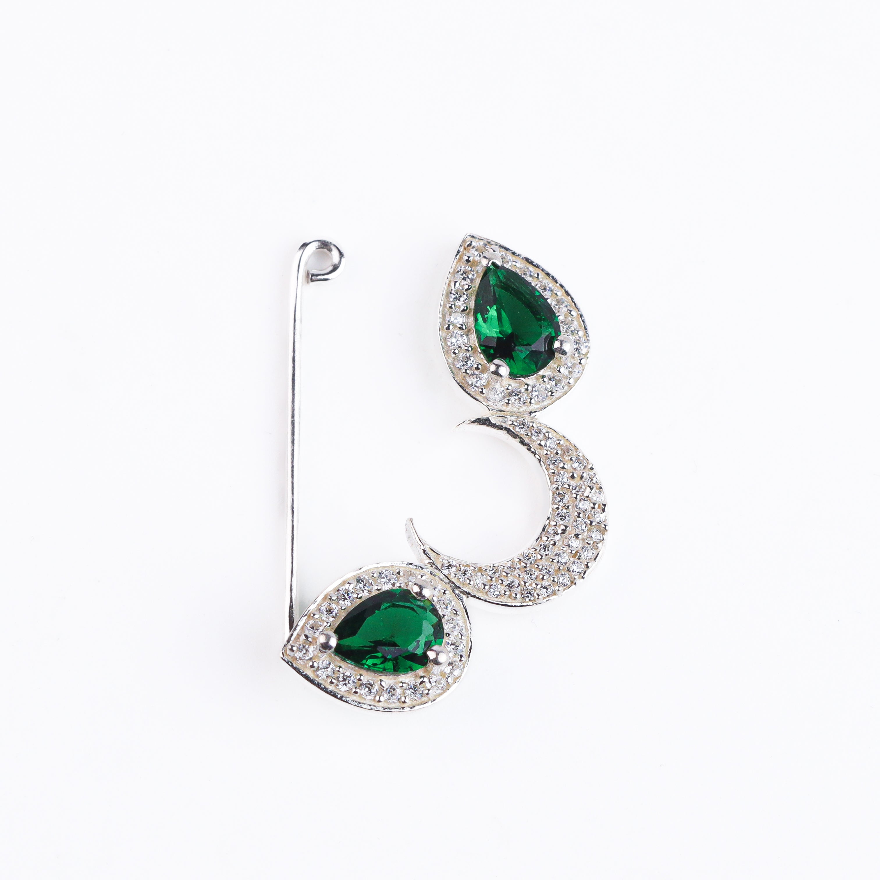 Silver chandrakor green drop nath with cz stones Clipon (big)