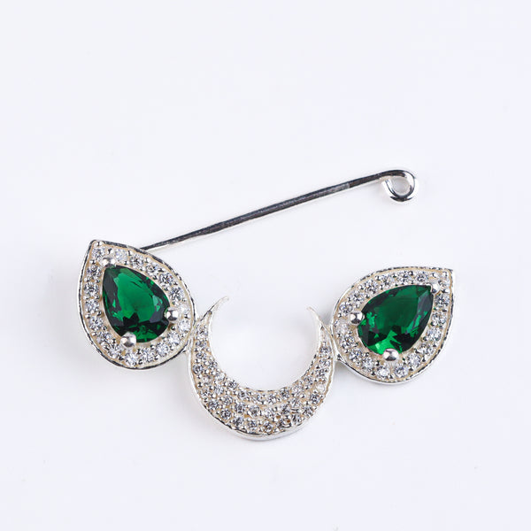 Silver chandrakor green drop nath with cz stones Clipon (big)