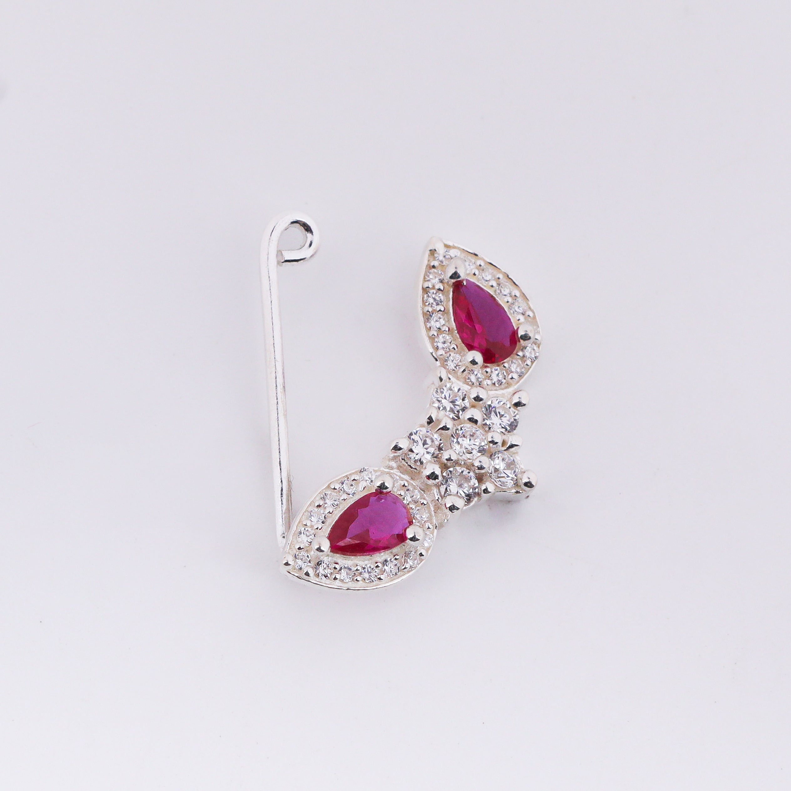 Silver flower pink drop nath with cz stones clipon (Small)