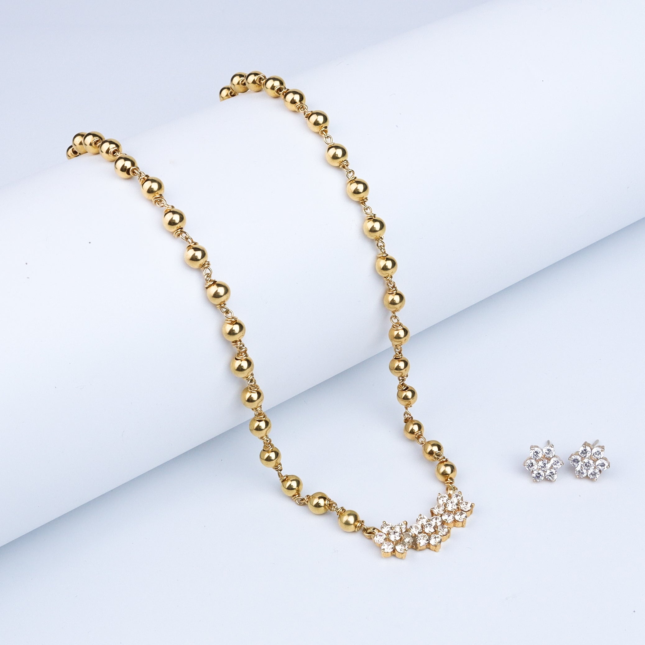 Silver Flower Motif Small Set with Silver Beads | CZ | 92.5 Silver| 22K Gold Plated