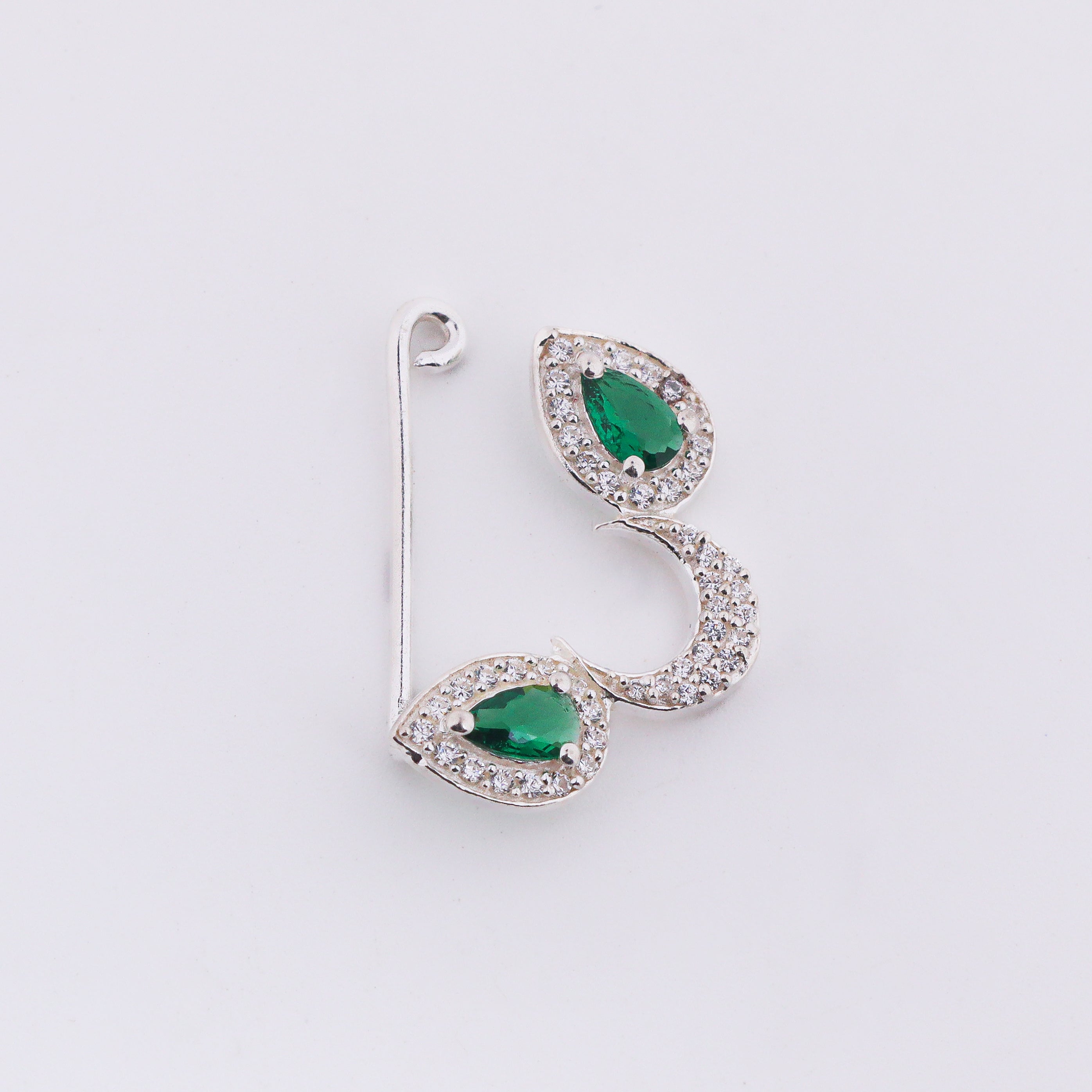 Silver chandrakor green drop nath with cz stones clipon (small)