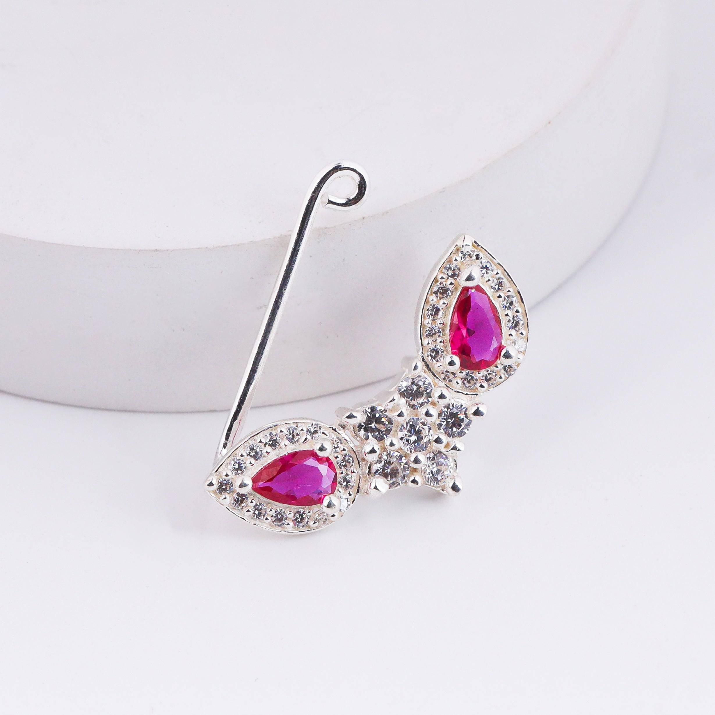 Silver flower pink drop nath with cz stones clipon (Small)