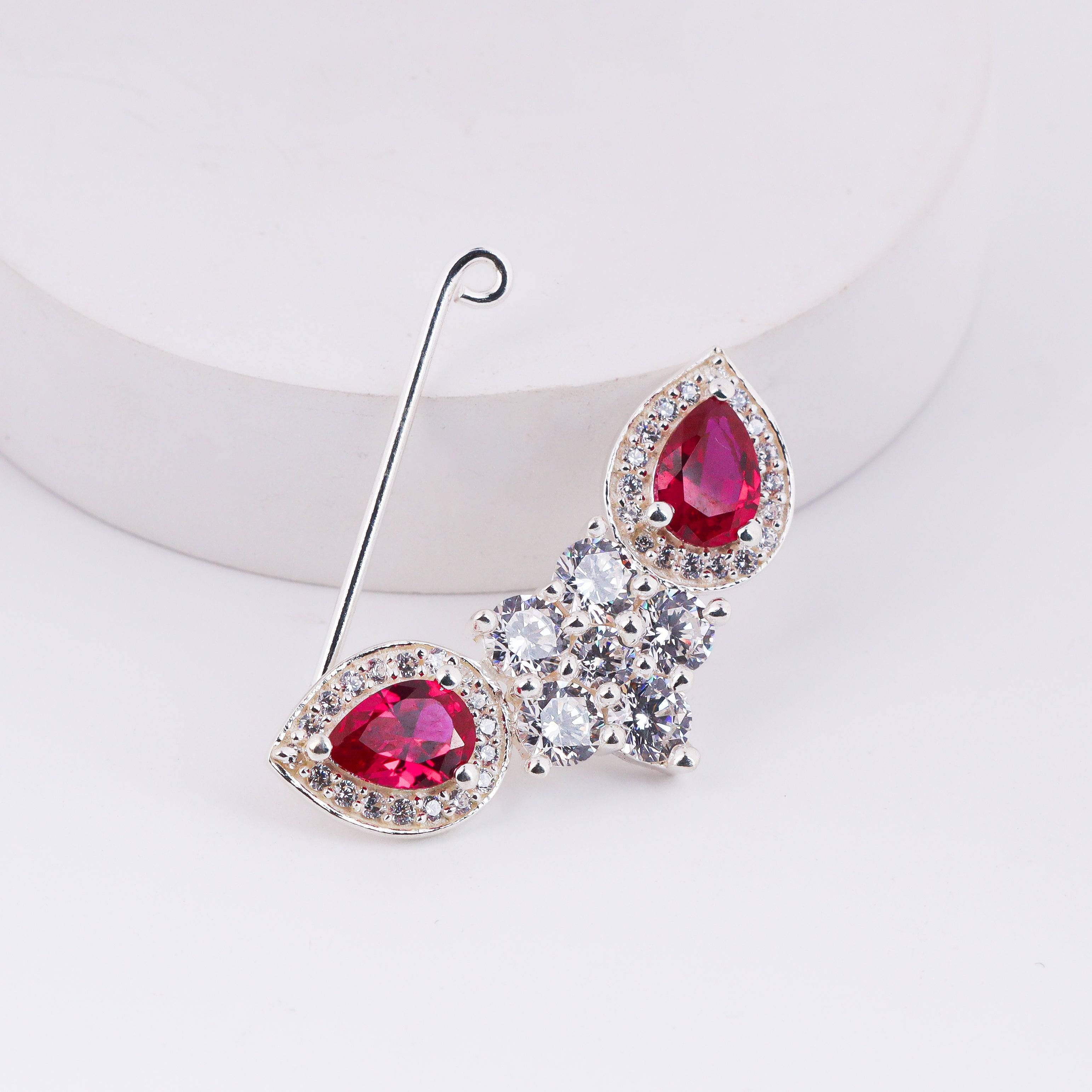 Silver flower pink drop nath with cz stones clipon (Big)