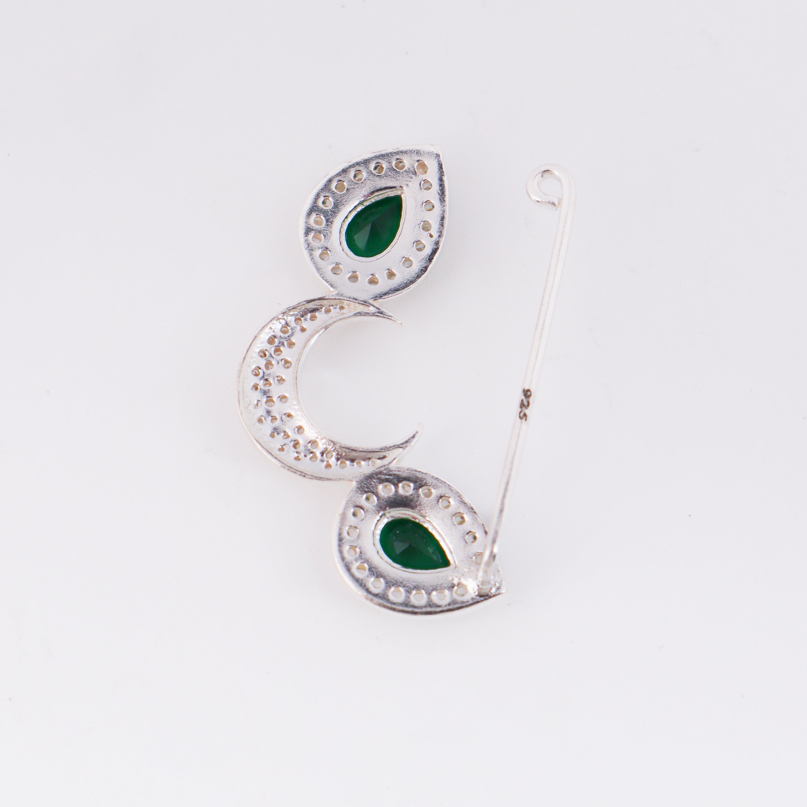 Silver chandrakor green drop nath with cz stones clipon (small)