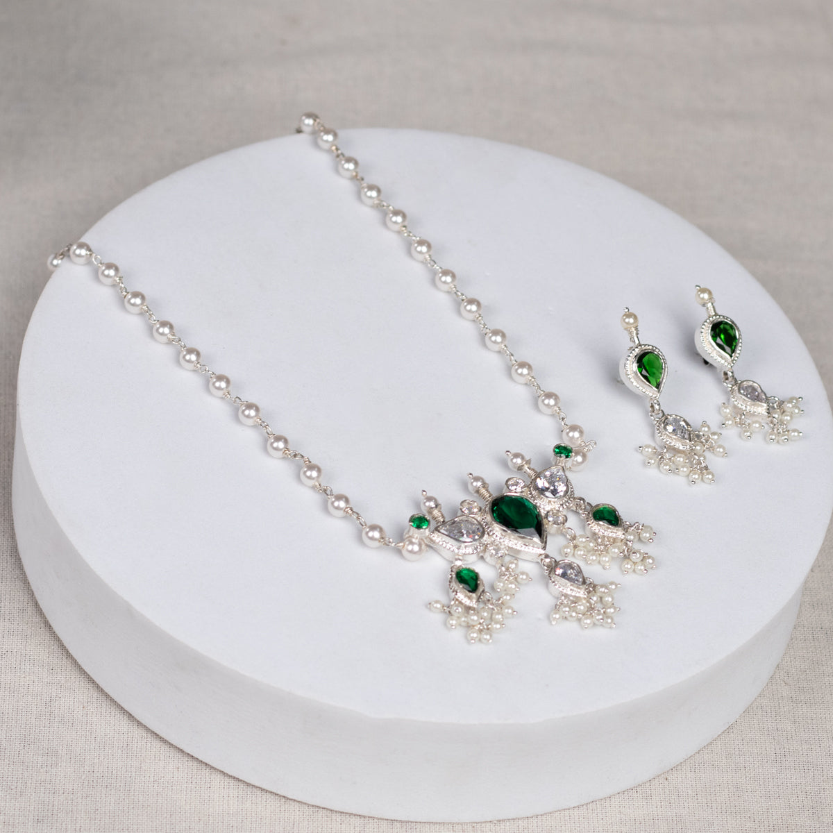 Silver Tanmani Set with Green Onyx and Cz Crystals