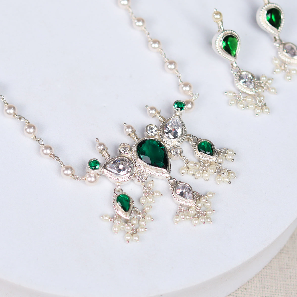 Silver Tanmani Set with Green Onyx and Cz Crystals
