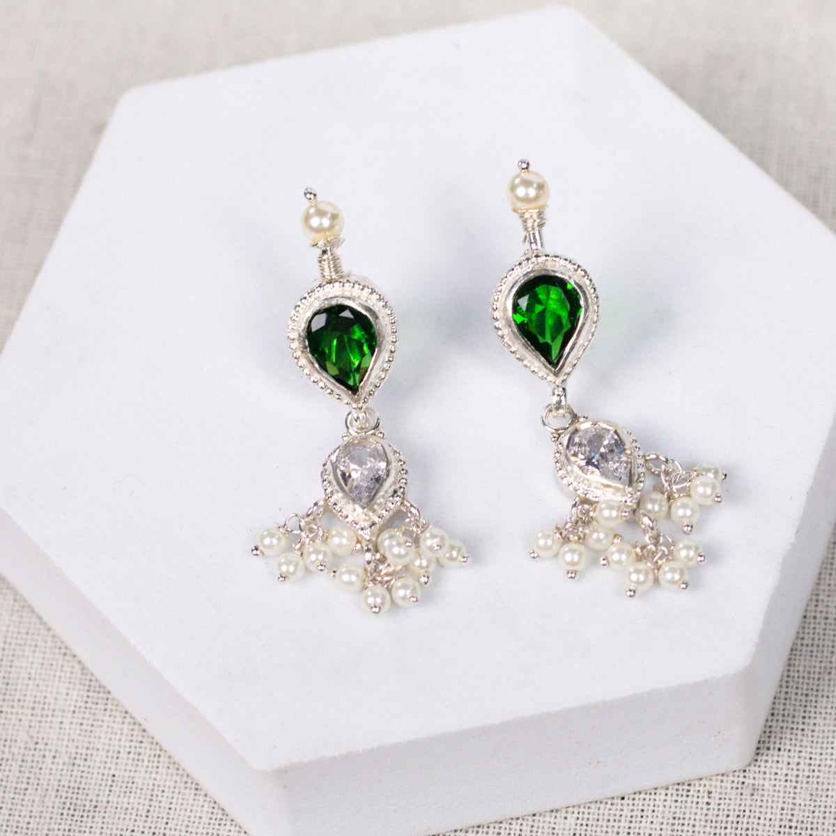 Silver Tanmani Set with Green Onyx and Cz Crystals