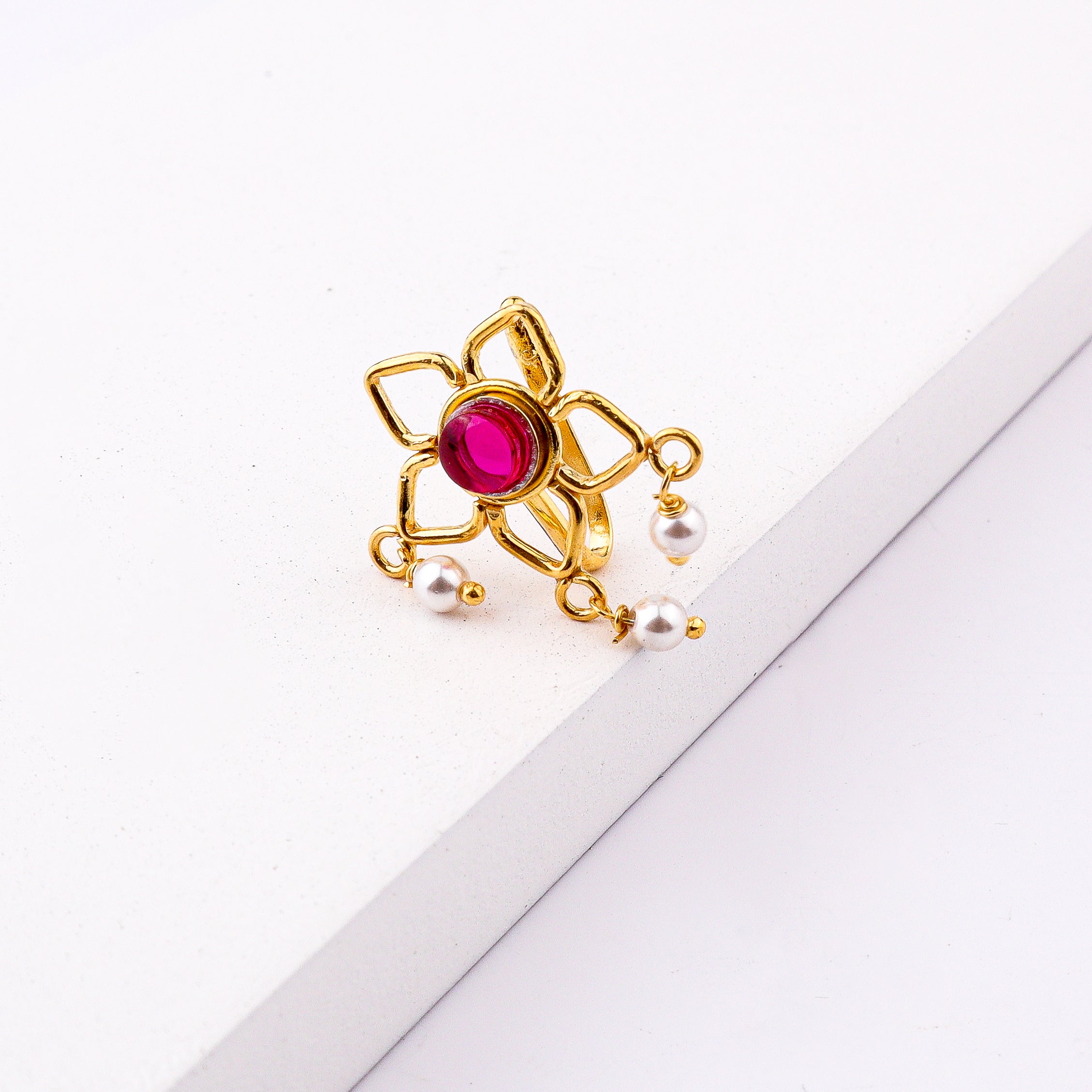 Pink Flower Clip-On Nose Pin | 22K Gold-Plated (Large)