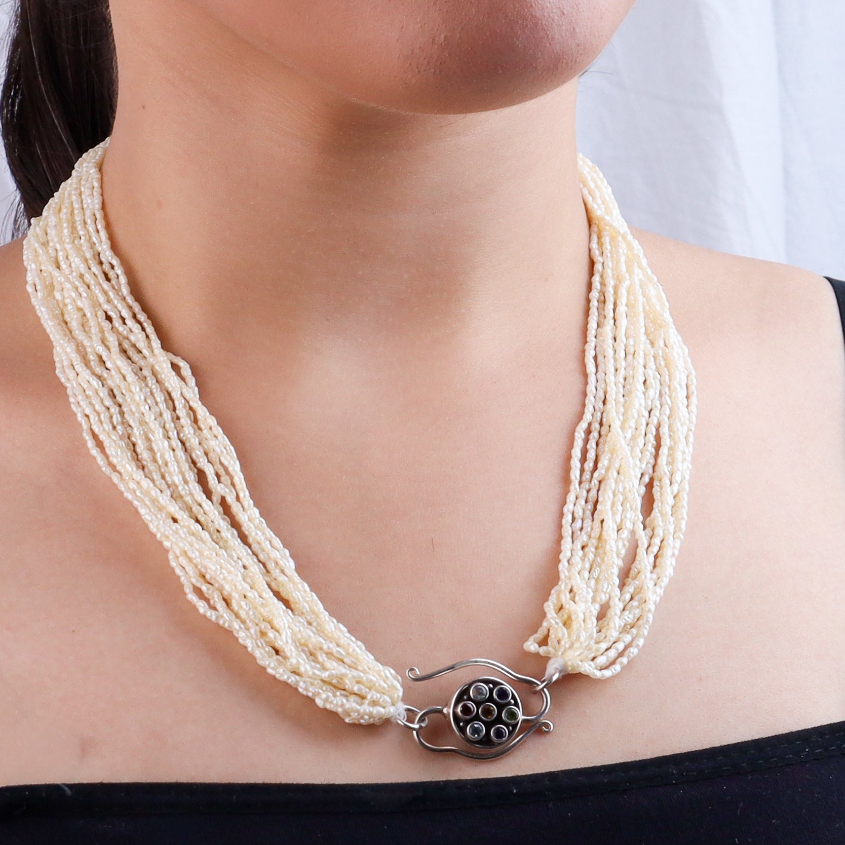 Rice Pearl Bunch Silver Necklace