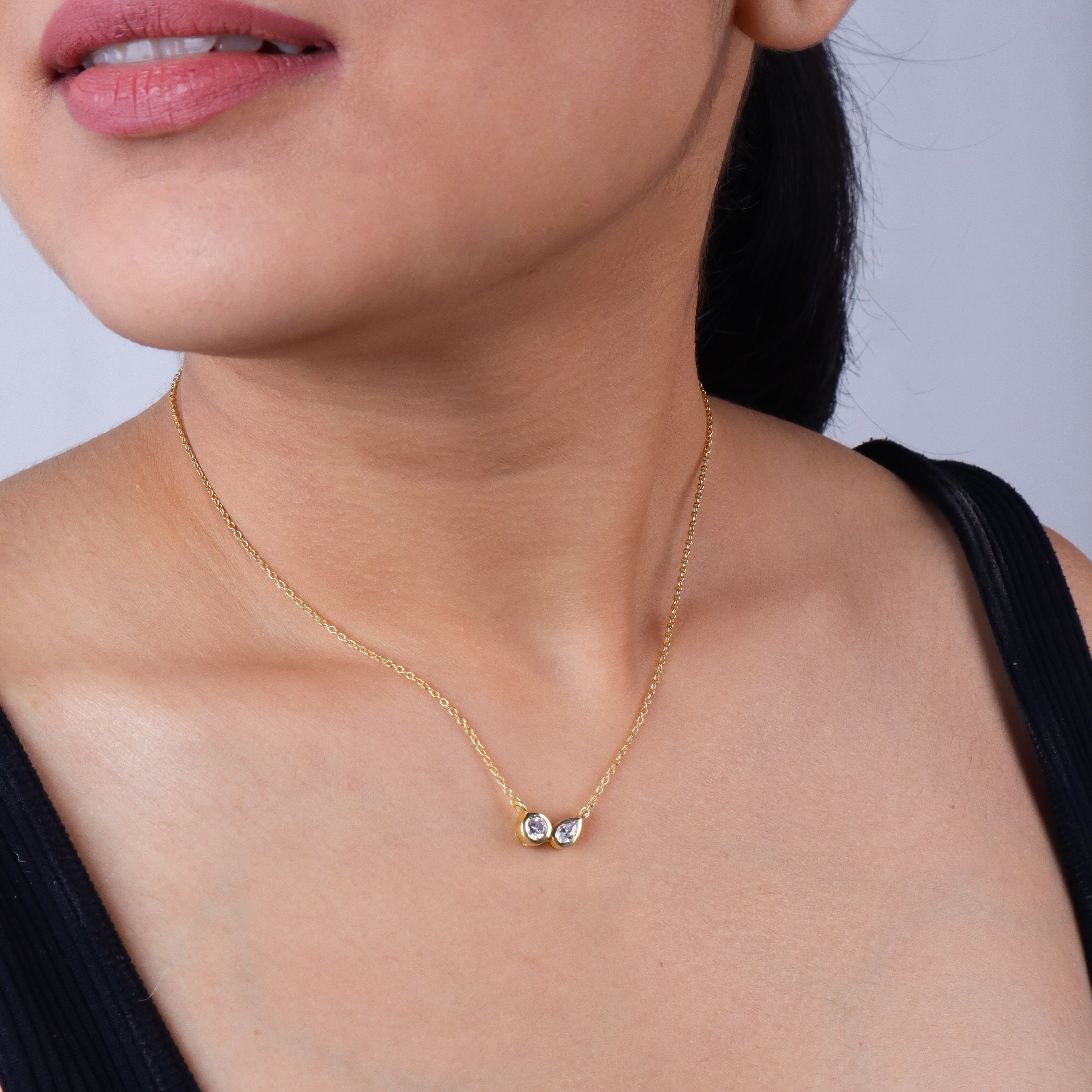 Silver Chain with Twin CZ Dots |  92.5 Silver | 22K Gold Plated