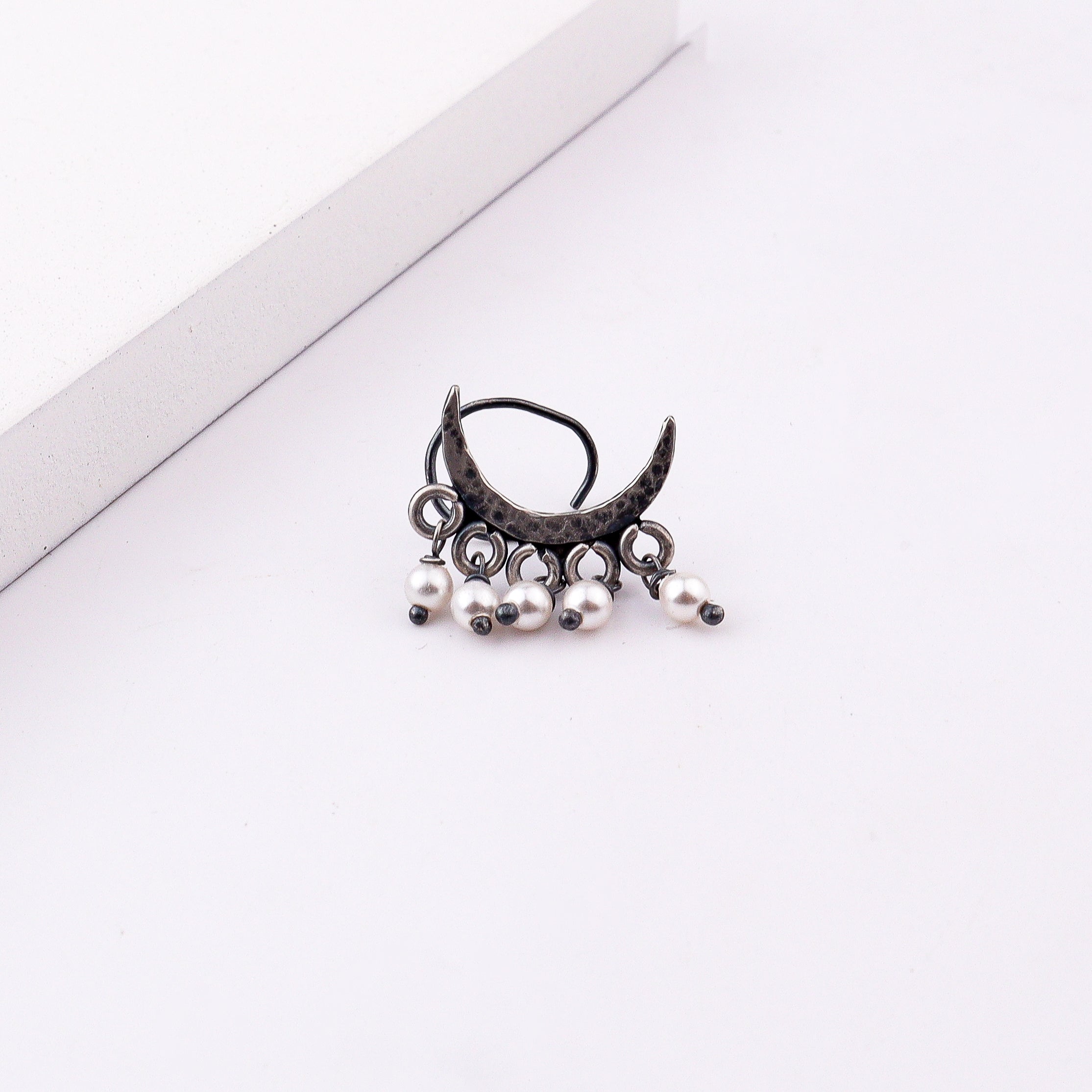 Oxidised Hammered Chandrakor Pierced Nose Pin (Large)