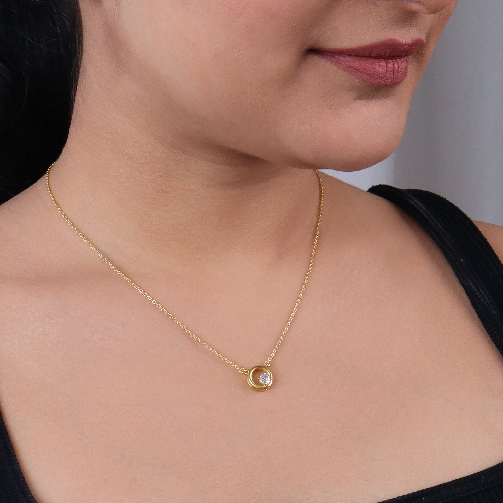 Silver Necklace with CZ Circle Pendant |  92.5 Silver | 22K Gold Plated