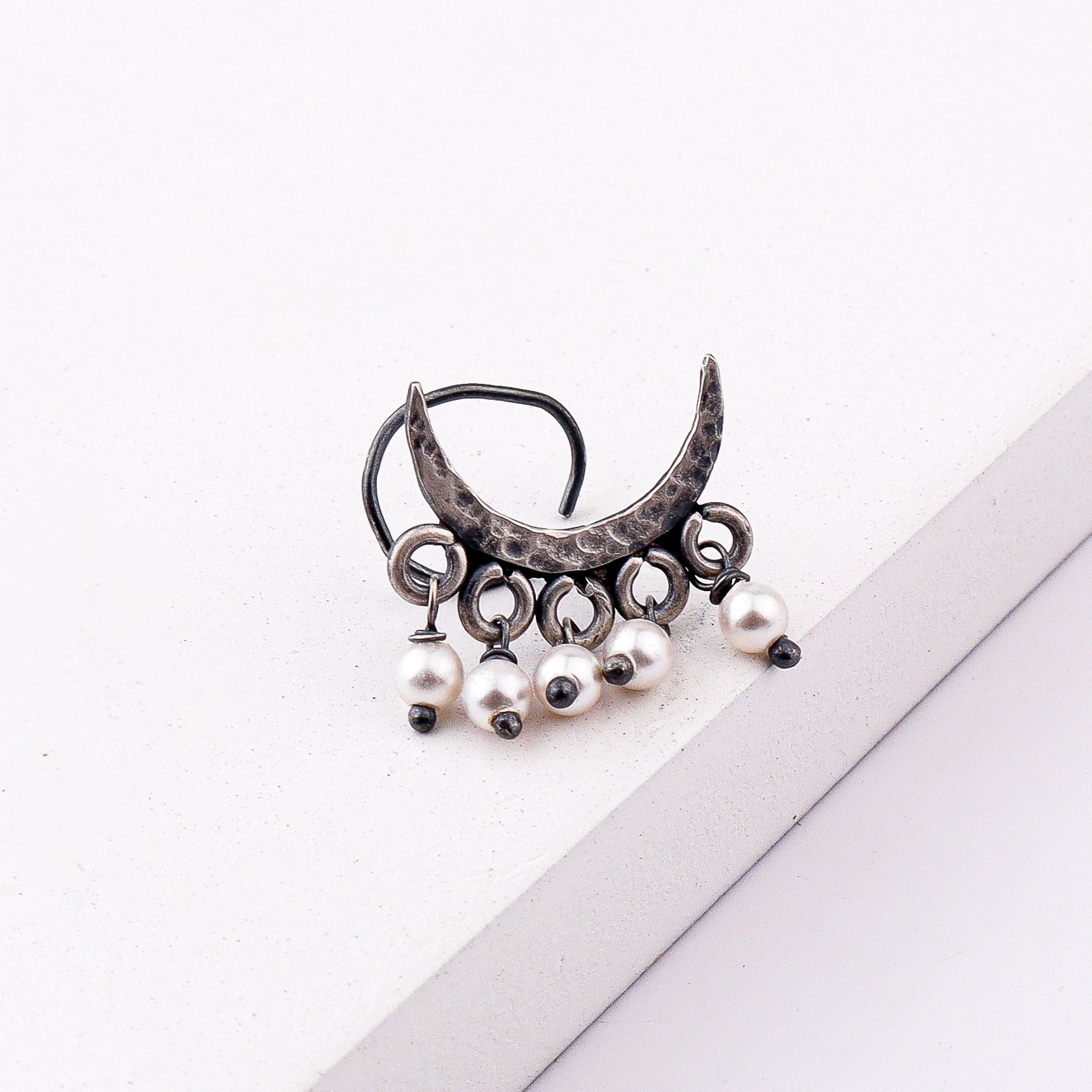 Oxidised Hammered Chandrakor Pierced Nose Pin (Large)