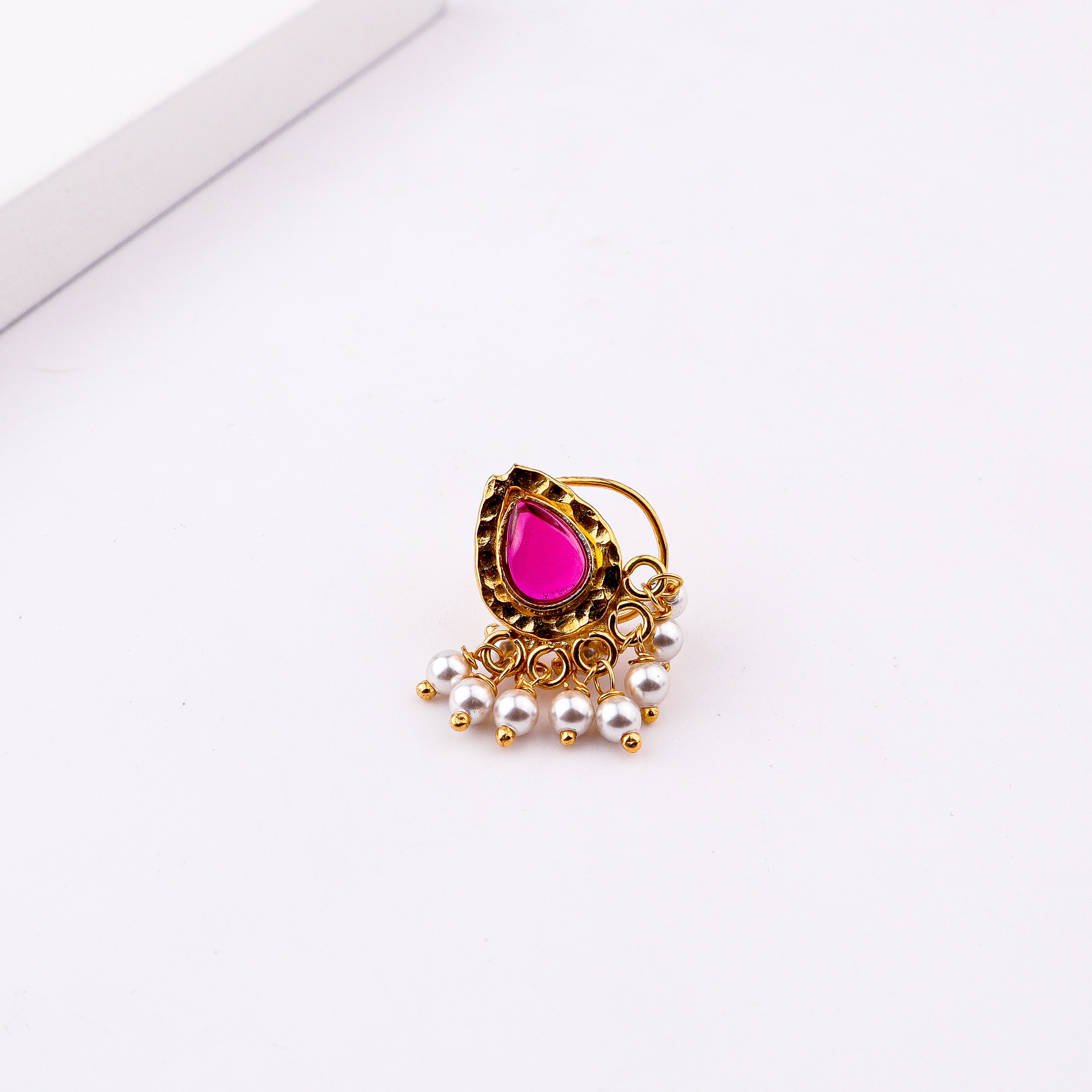 Pink Drop Pierced Nose Pin | 22K Gold-Plated (Large)