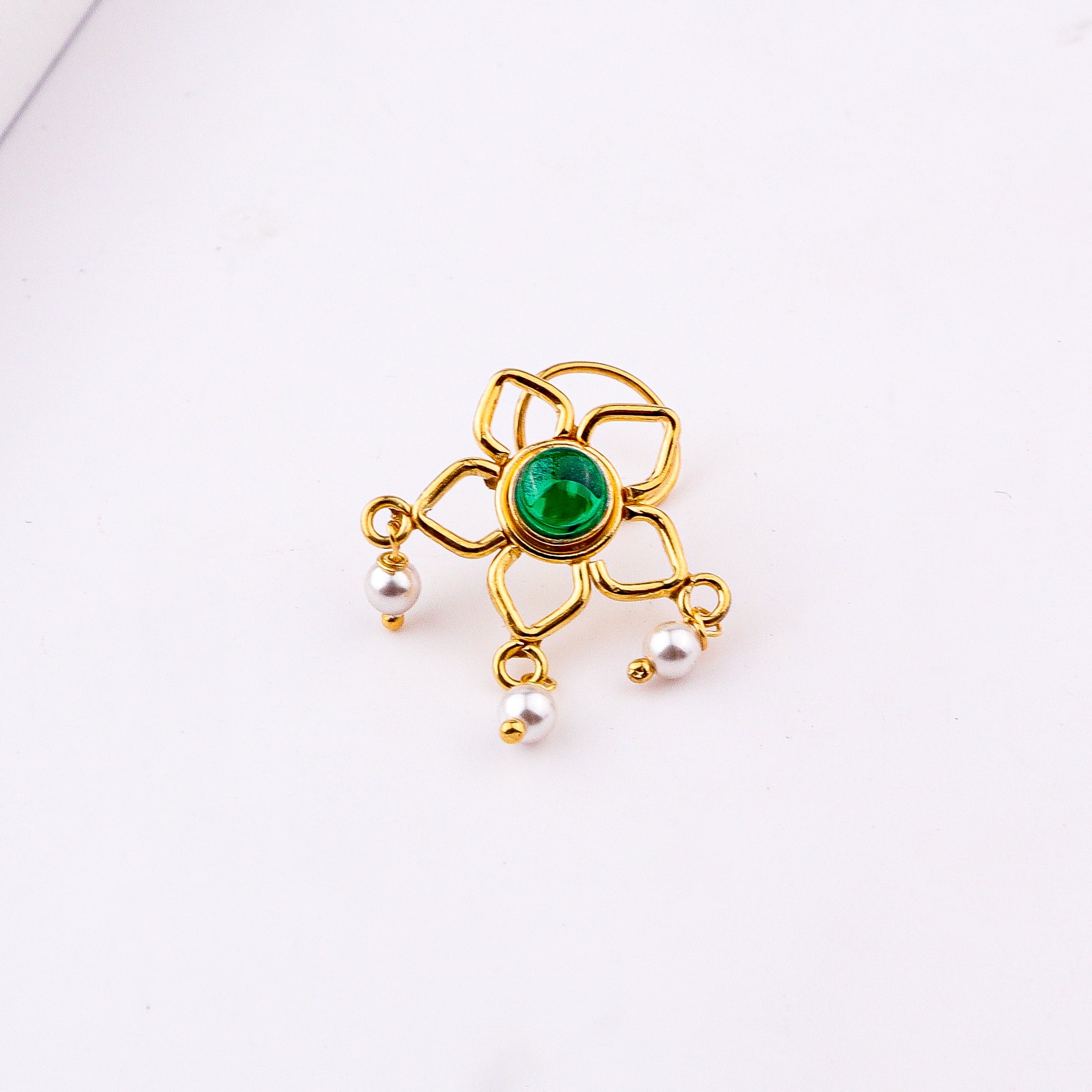 Green Flower Pierced Nose Pin | 22K Gold-Plated (Large)