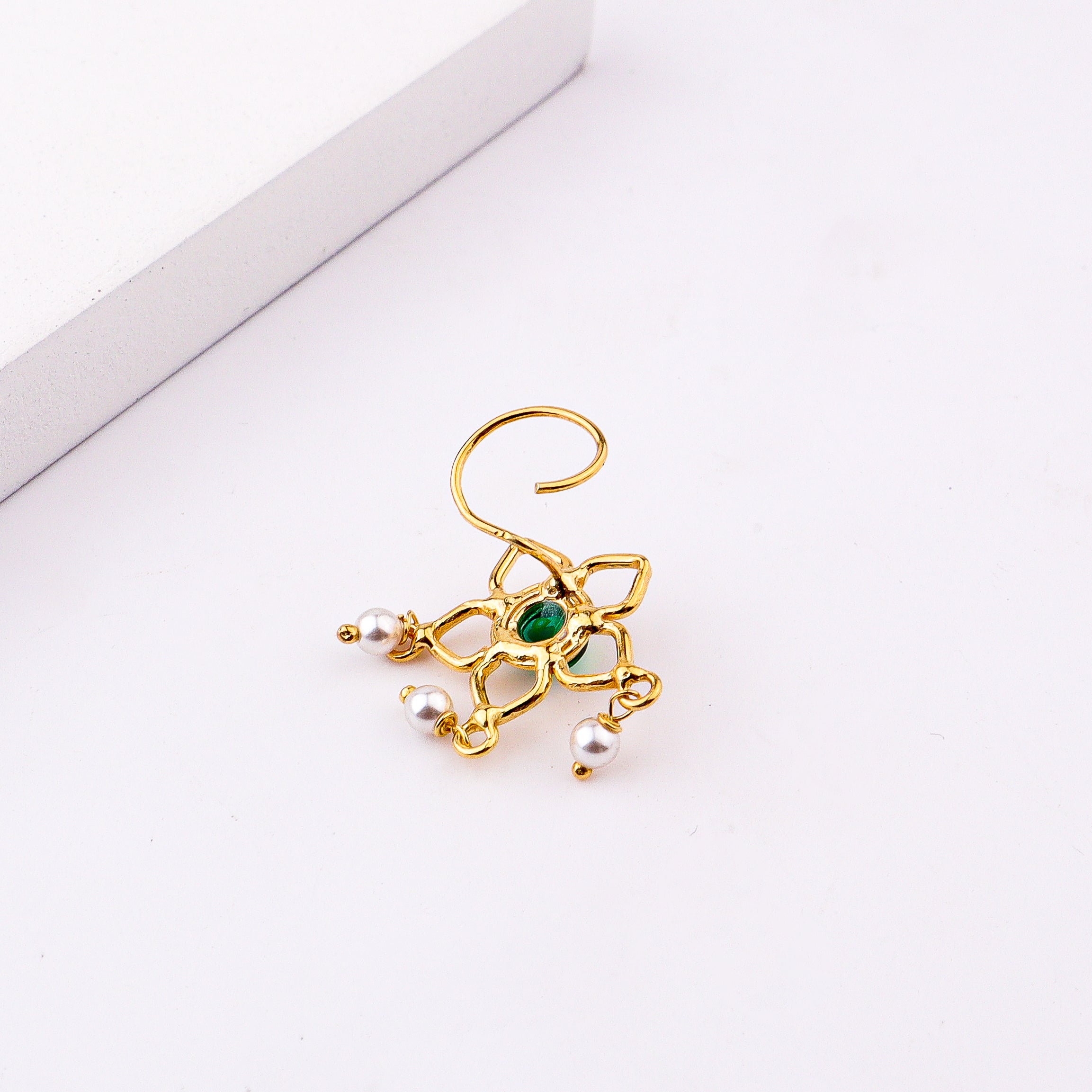 Green Flower Pierced Nose Pin | 22K Gold-Plated (Large)