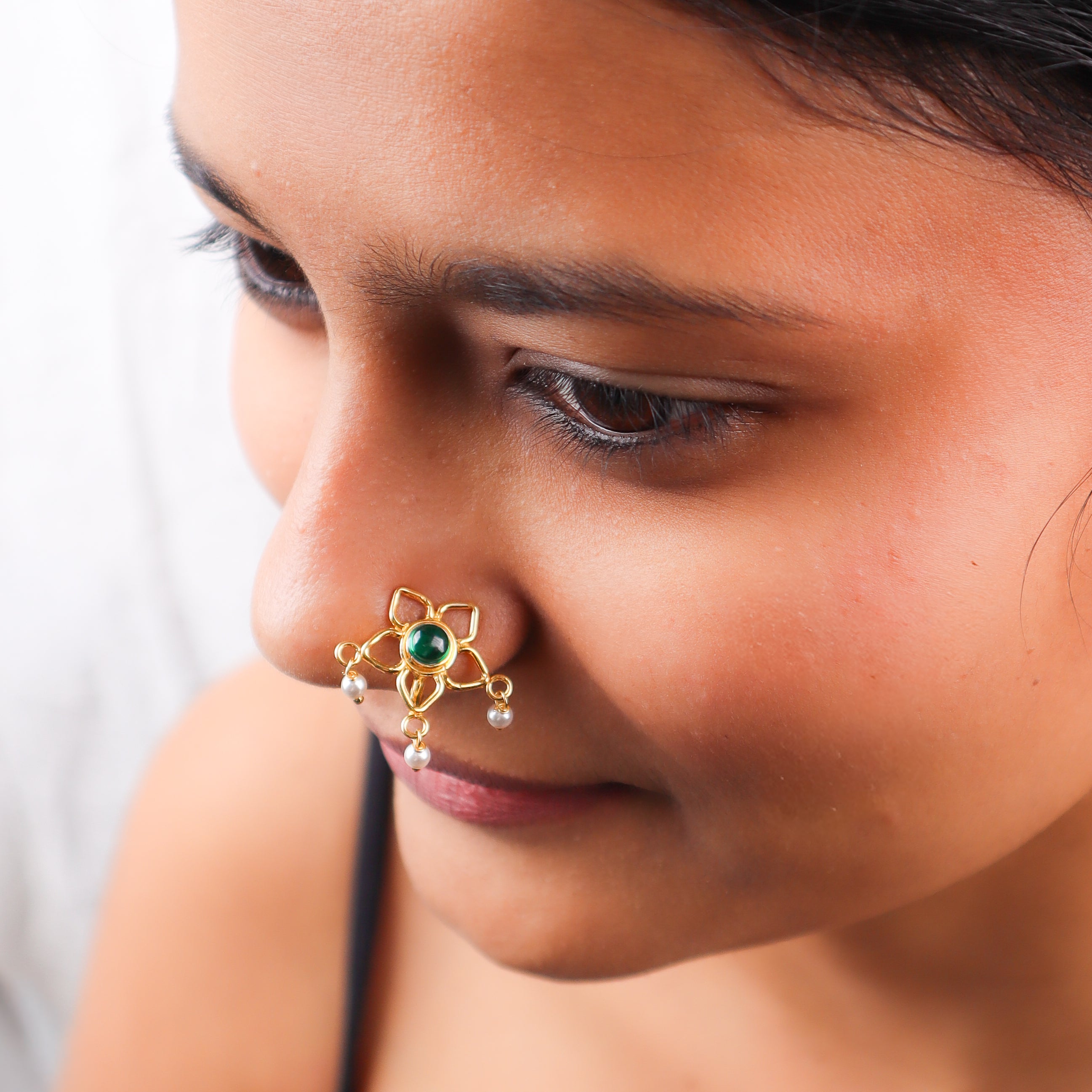 Green Flower Clip-On Nose Pin | 22K Gold-Plated (Large)