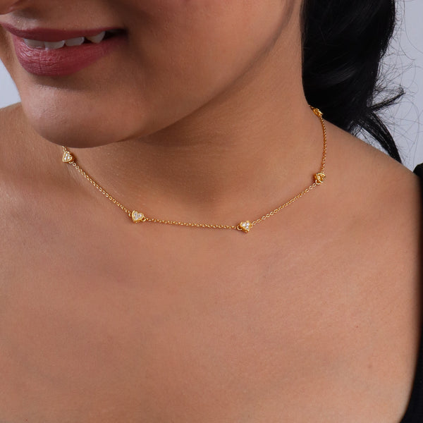 Silver CZ Studded Heart Motif Necklace |  92.5 Silver | 22K Gold Plated