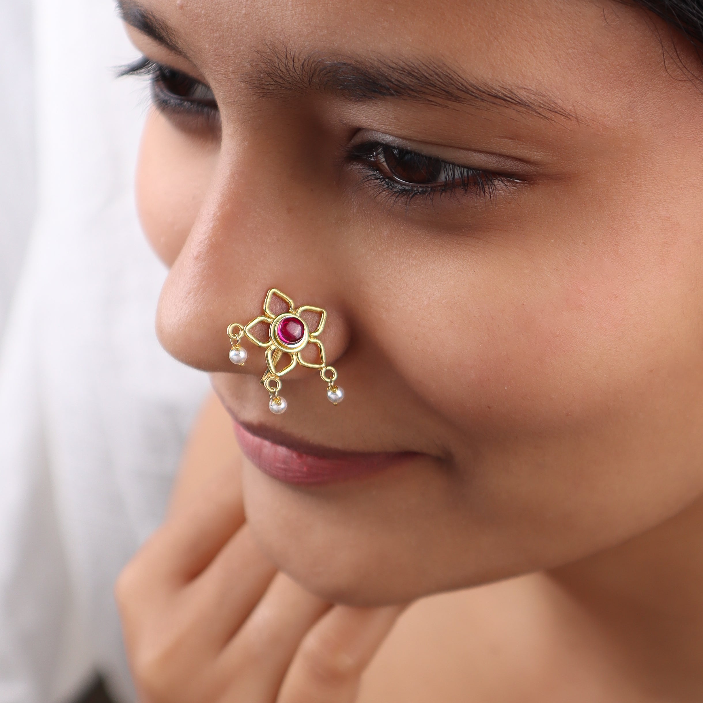 Pink Flower Clip-On Nose Pin | 22K Gold-Plated (Large)