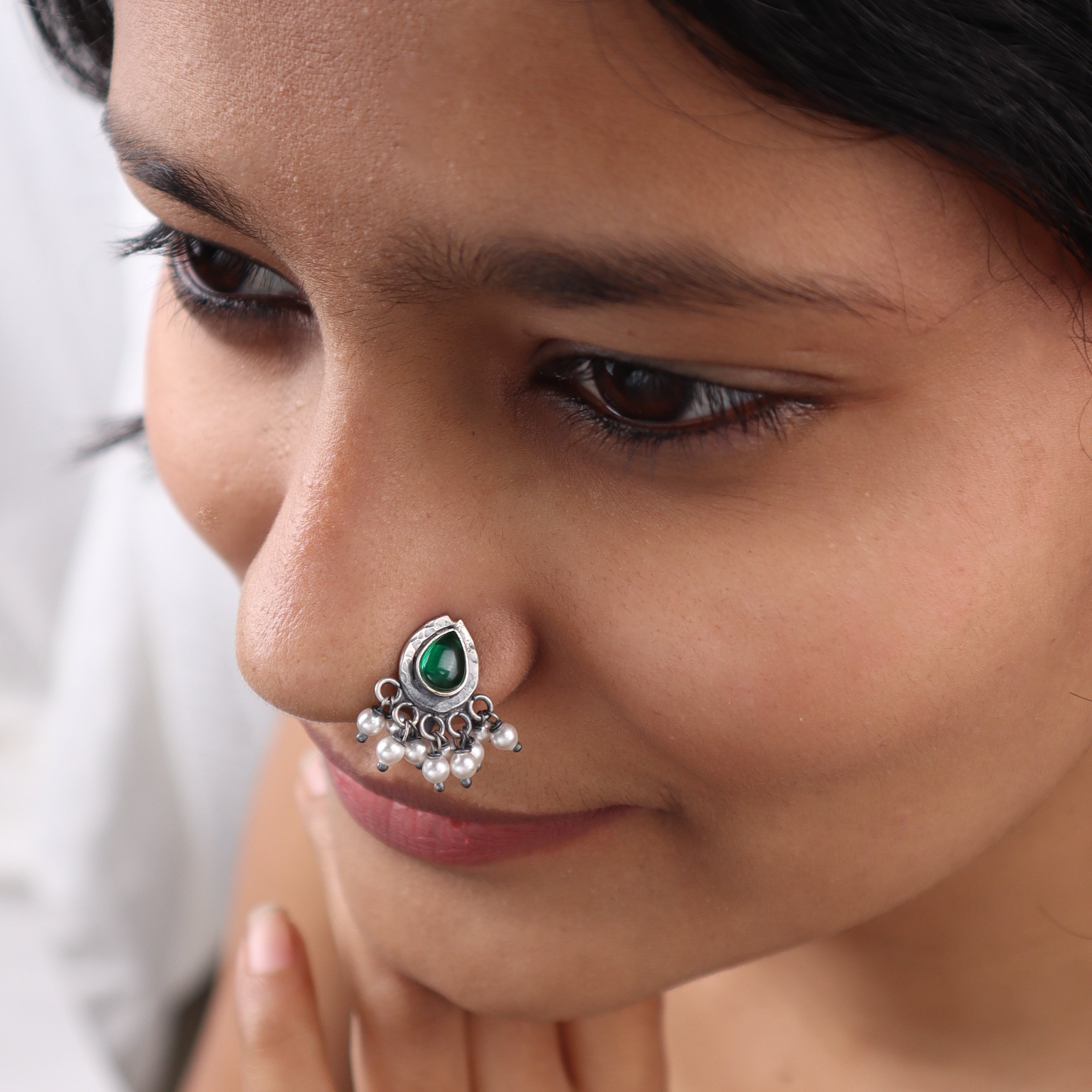 Oxidised Green Drop Clip-On Nose Pin (Large)