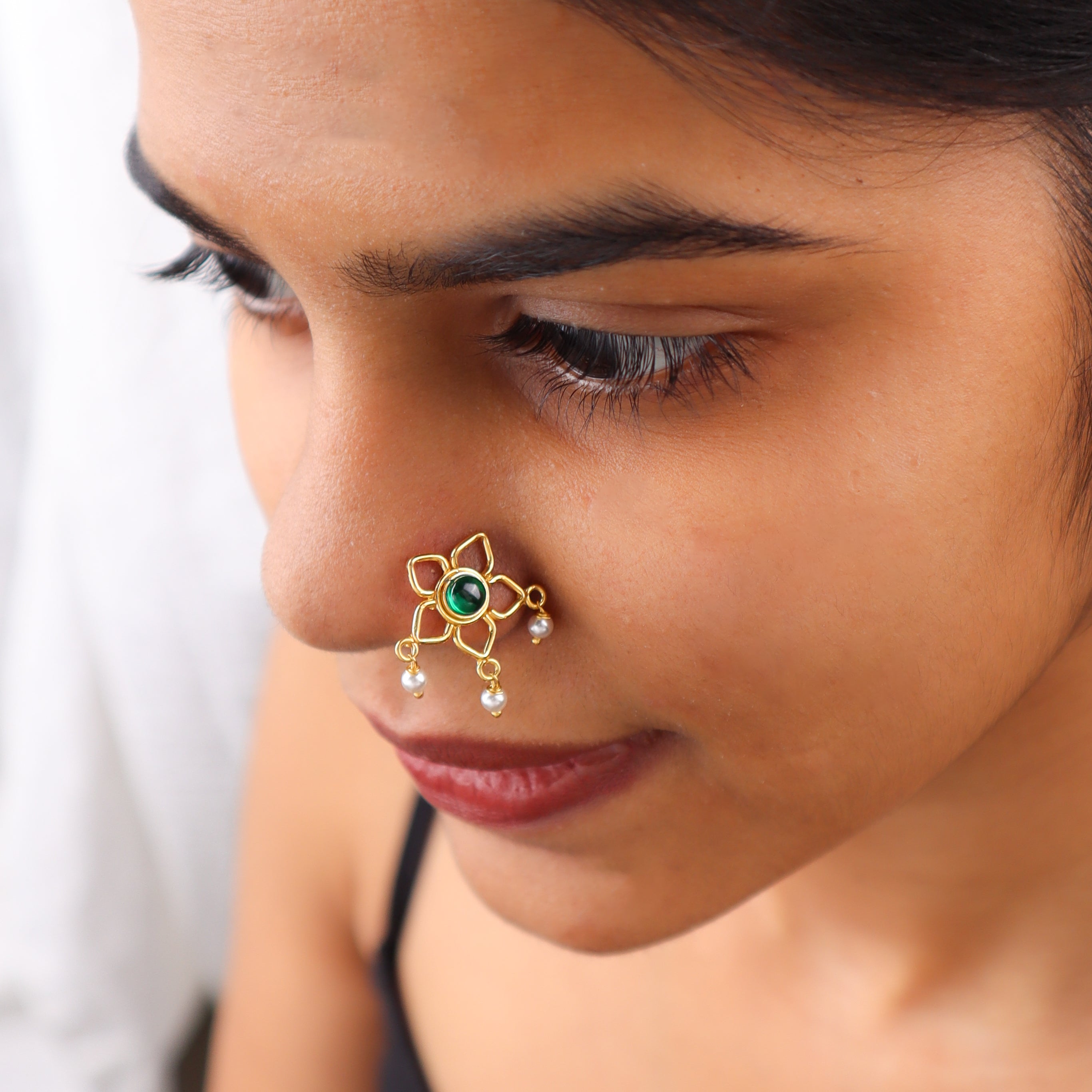 Green Flower Pierced Nose Pin | 22K Gold-Plated (Large)