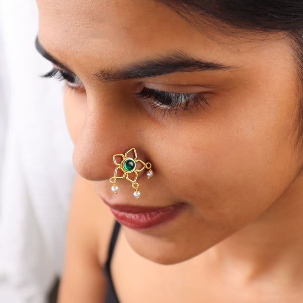 Green Flower Pierced Nose Pin | 22K Gold-Plated (Large)