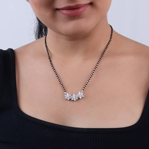 Silver flower design mangalsutra necklace with CZ stones